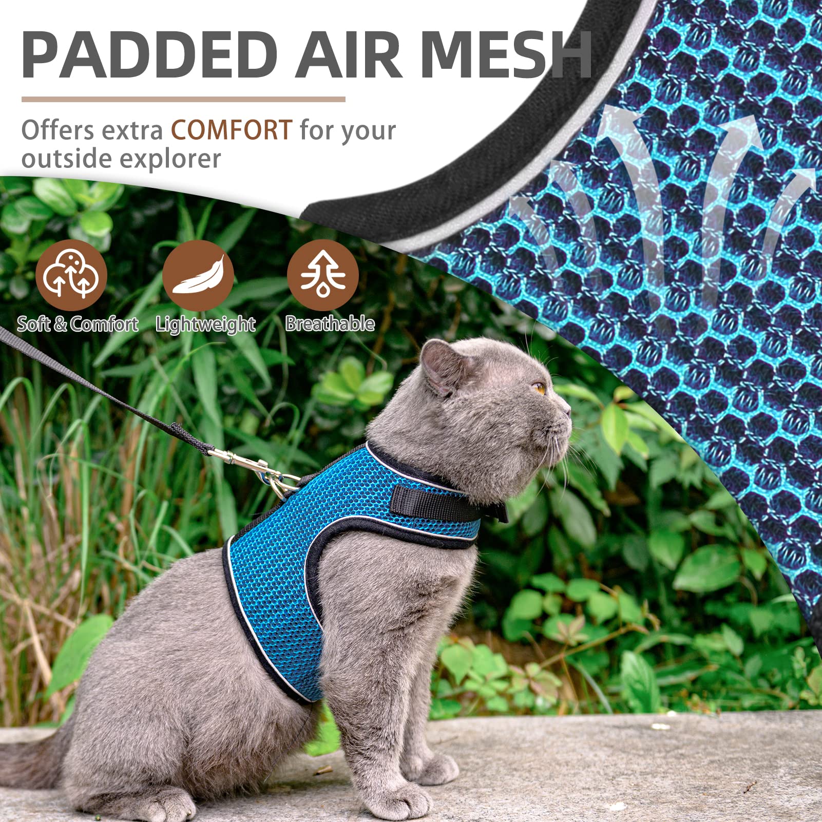 Pupteck Soft Mesh Cat Vest Harness And Leash Set Puppy Padded Pet Harnesses Escape Proof For Cats Small Dogs (X-Large, Lake Blue)