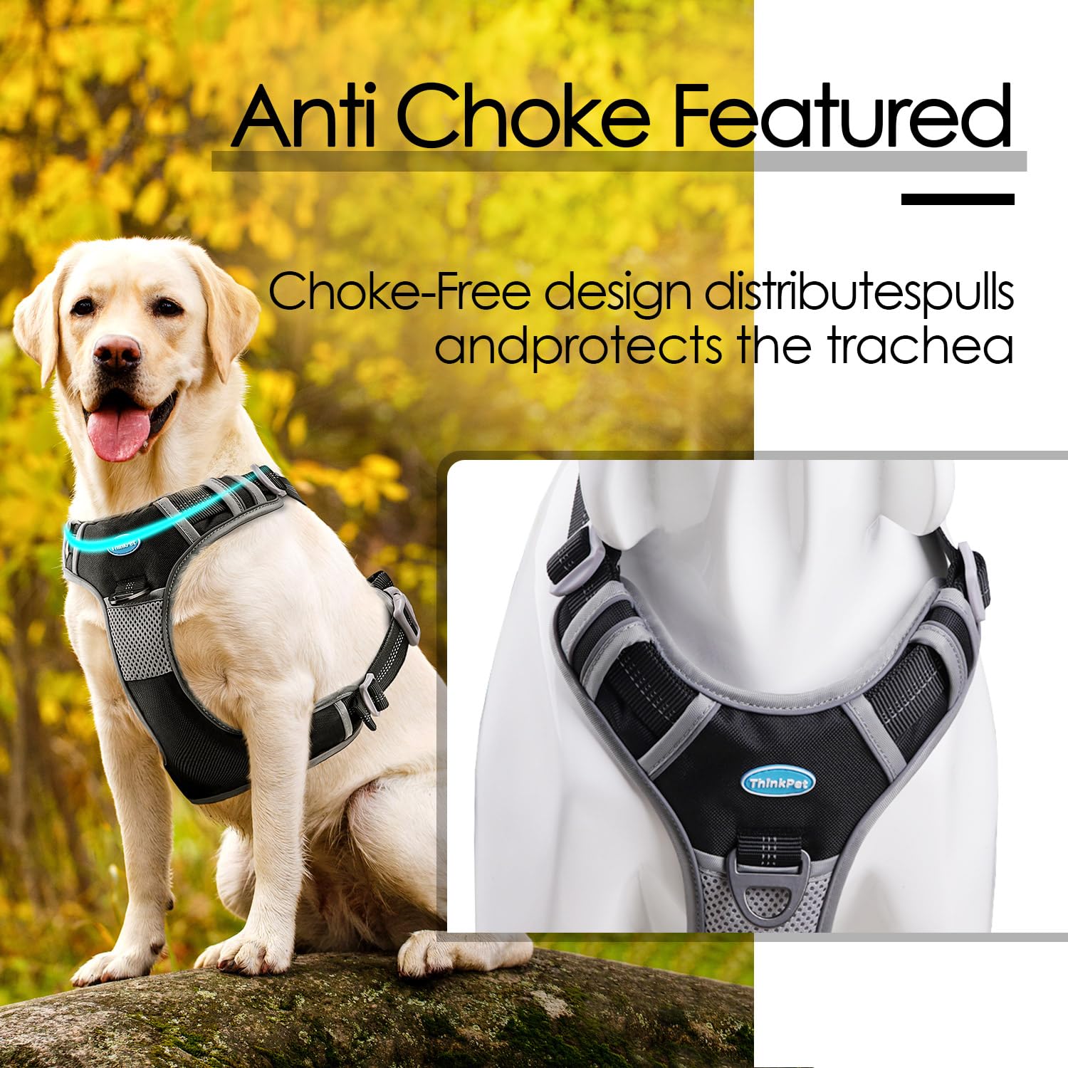 Thinkpet No Pull Harness Breathable Sport Harness With Handle-Dog Harnesses Reflective Adjustable For Medium Large Dogs,Back/Front Clip For Easy Control S Black