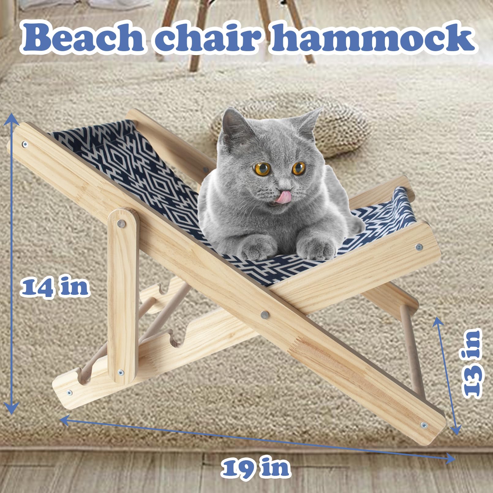 Muyg Wooden Cat Lounge Chair,Natural Solid Wood Elevated Cat Beach Chair With Sturdy Canvas,Adjustable Kitty Hammock Bed For Out