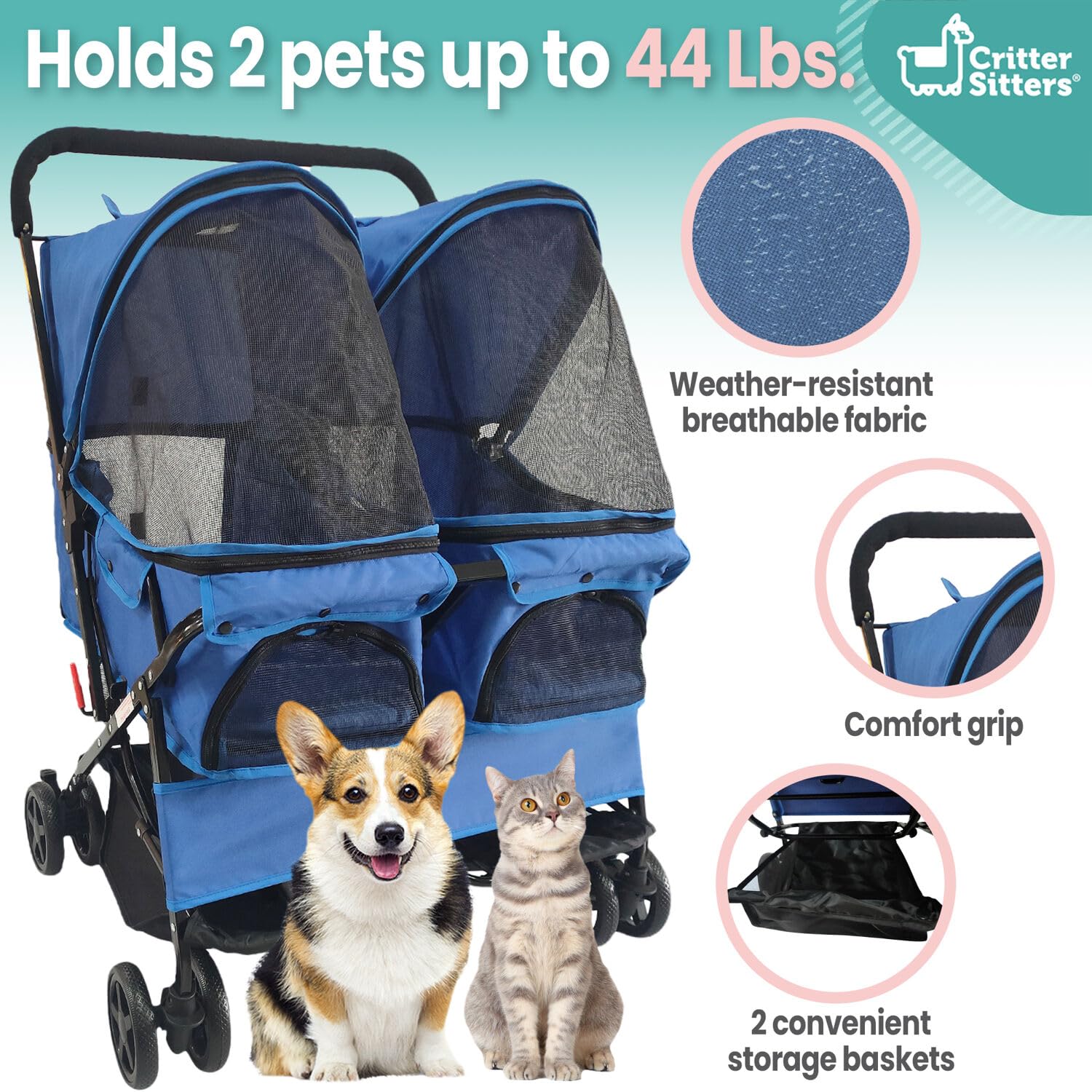 Critter Sitters Double Pet Stroller with Storage - Cat & Dog Stroller for Animals up to 44 lbs, Blue