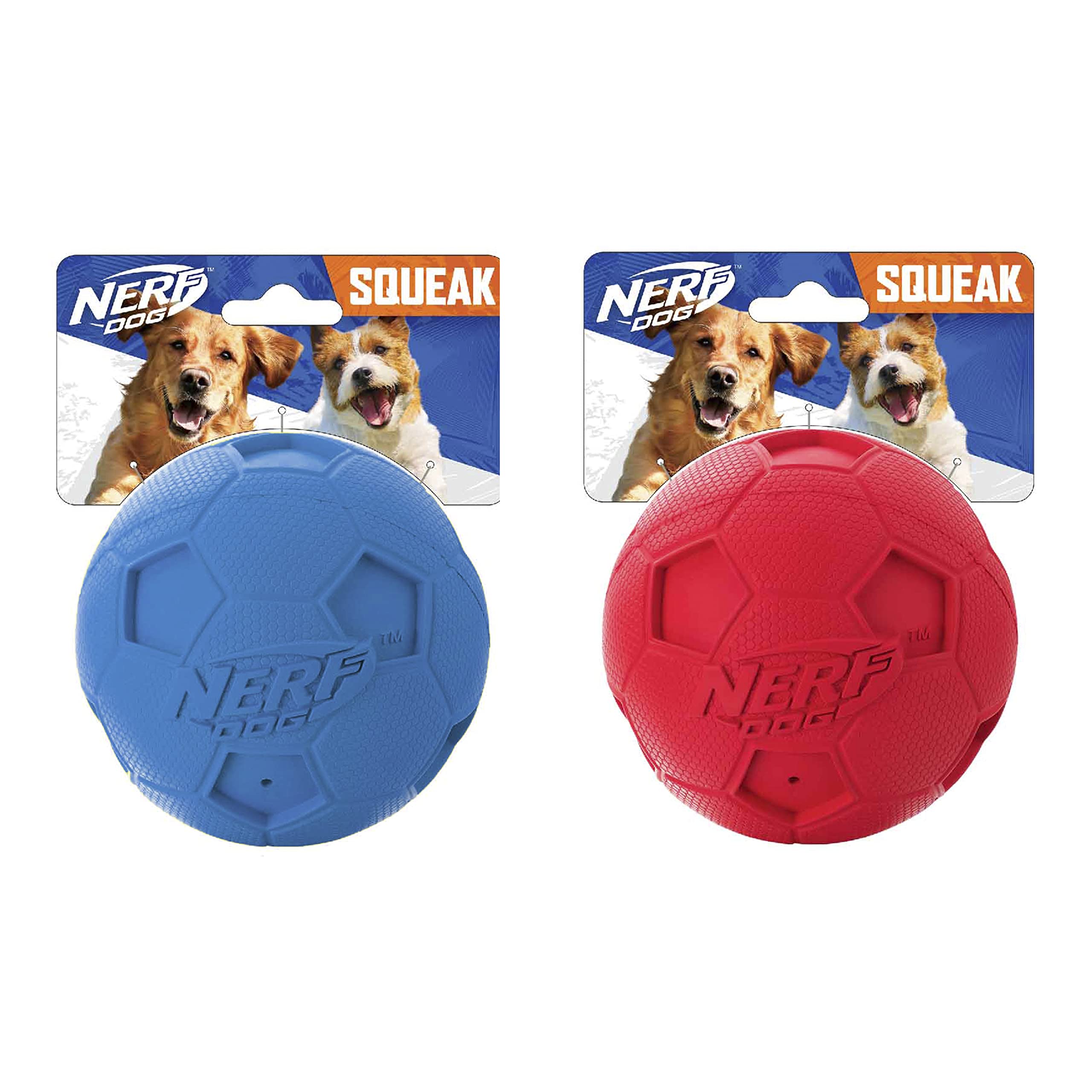 Nerf Dog Soccer Ball Dog Toy With Interactive Squeaker, Lightweight, Durable And Water Resistant, 2.5 Inches, For Medium/Large Breeds, Two Pack, Blue And Red