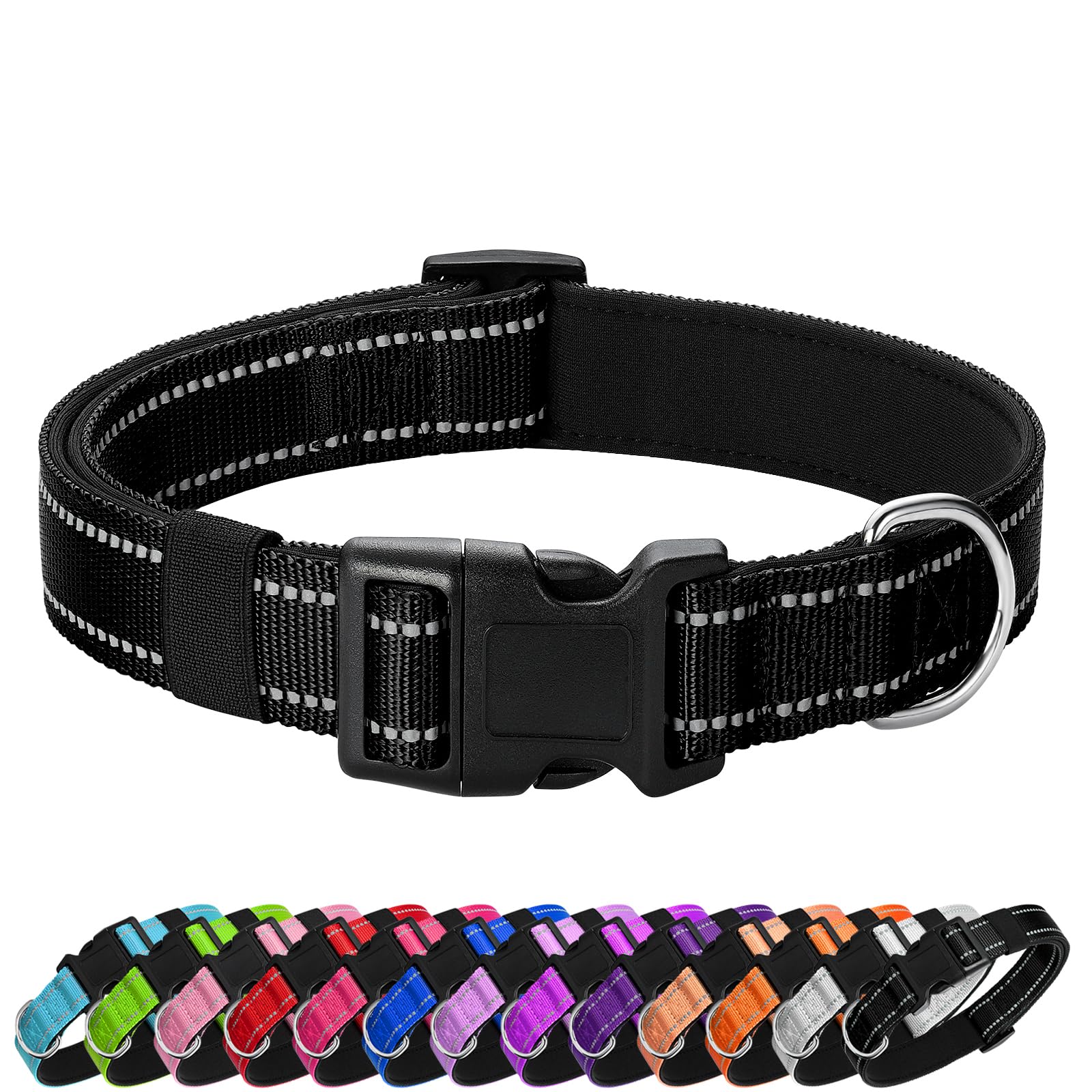 Penseepet Reflective Dog Collar Padded With Soft Neoprene Breathable Quick Release Basic Dog Collars For Large Dogs Black Boy Girl