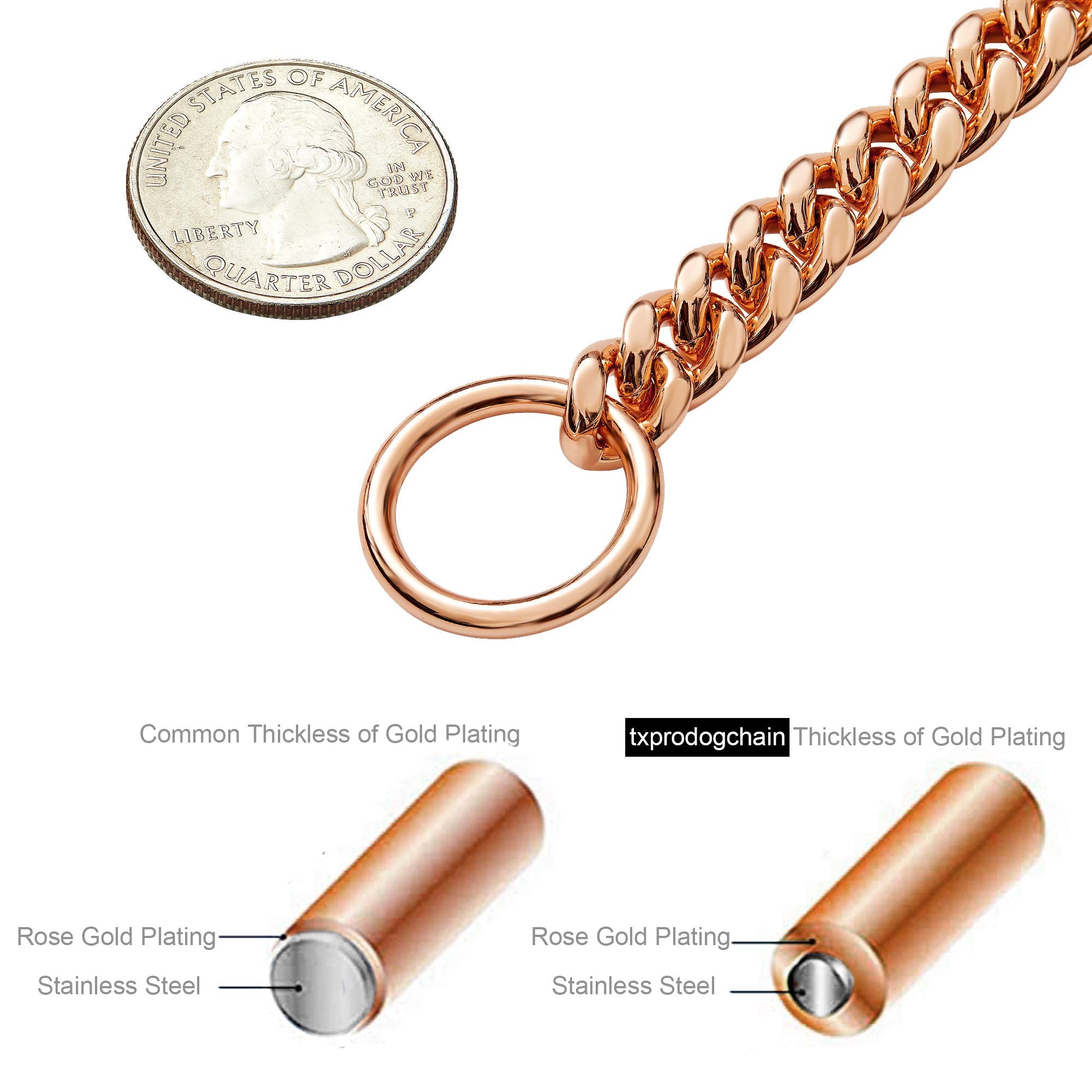 Txprodogchains 18K Gold Chain Dog Collar 10Mm Cuban Link Chain Stainless Steel Metal Links Walking Training Collar For Small Medium Large Dogs 10In To 24In, Rose Gold