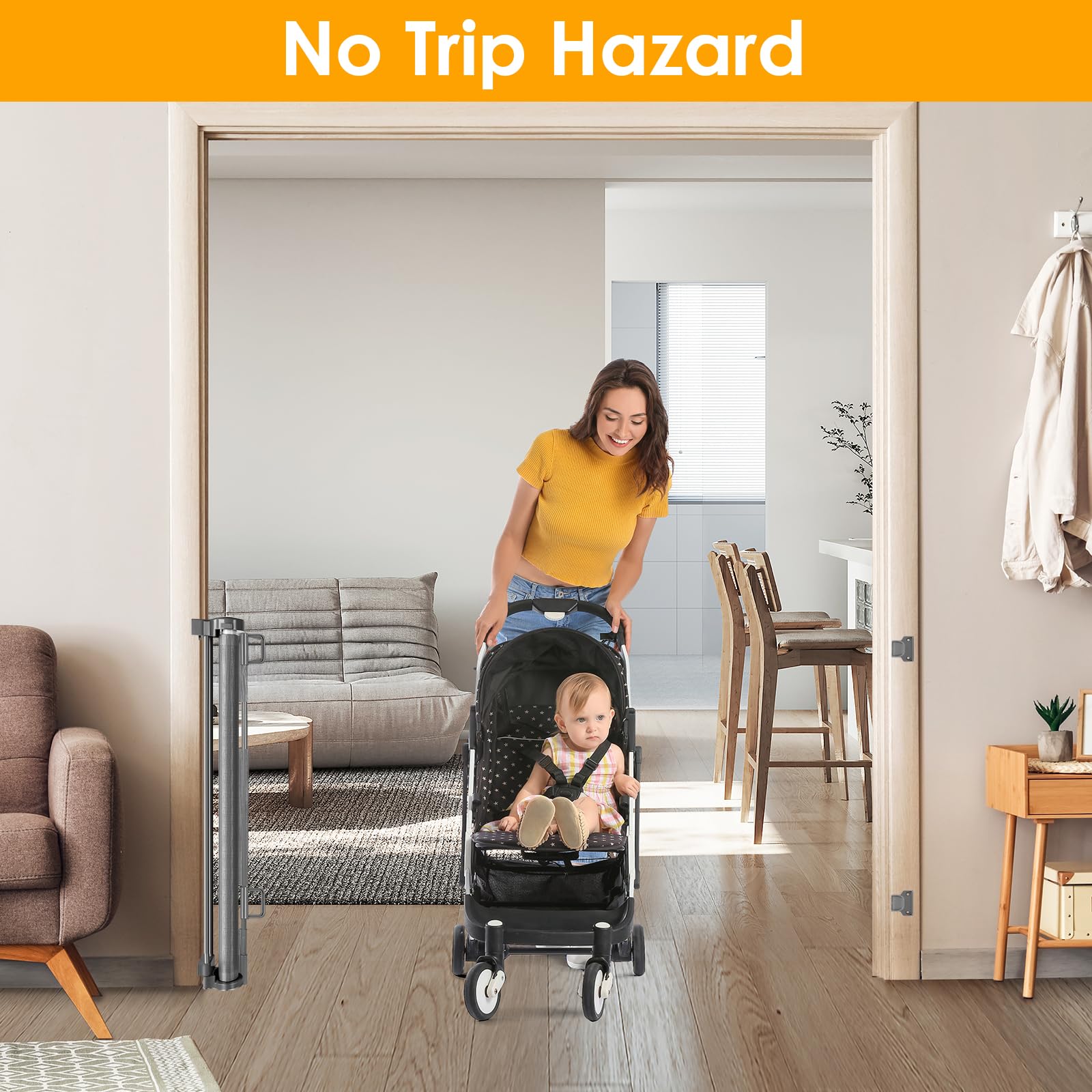 WOMHOM 140" Retractable Dog Gate - Extra Wide Metal Baby Gate in Gray, Model SH20.007 for Doorways & Stairs