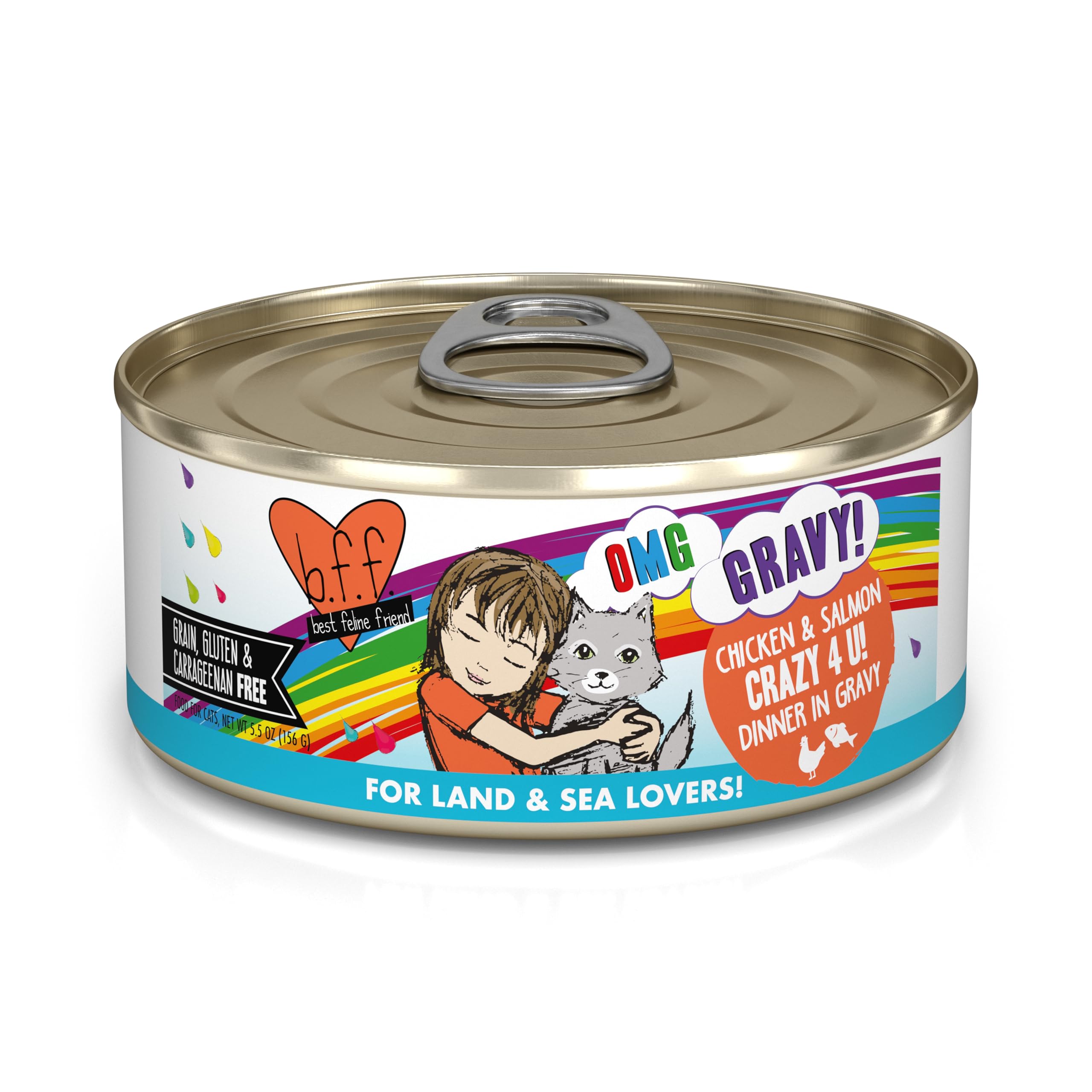 Weruva B.F.F. OMG - Best Feline Friend Oh My Gravy! Grain-Free Wet Cat Food Cans, Crazy 4 U! Chicken & Salmon, 5.5-Ounce Can (Pa