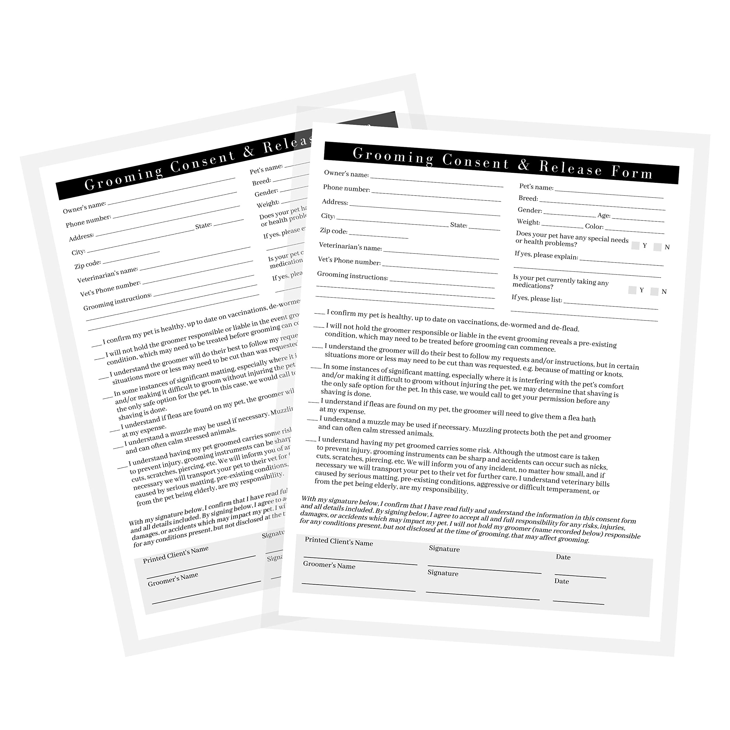 Boutique Marketing Pet Grooming Intake, Consent & Release Form | 50 Pack 8.5X11Incheses Standard Paper Size Supplies Matches Groomer Loyalty Appointment Reminder White Black Design