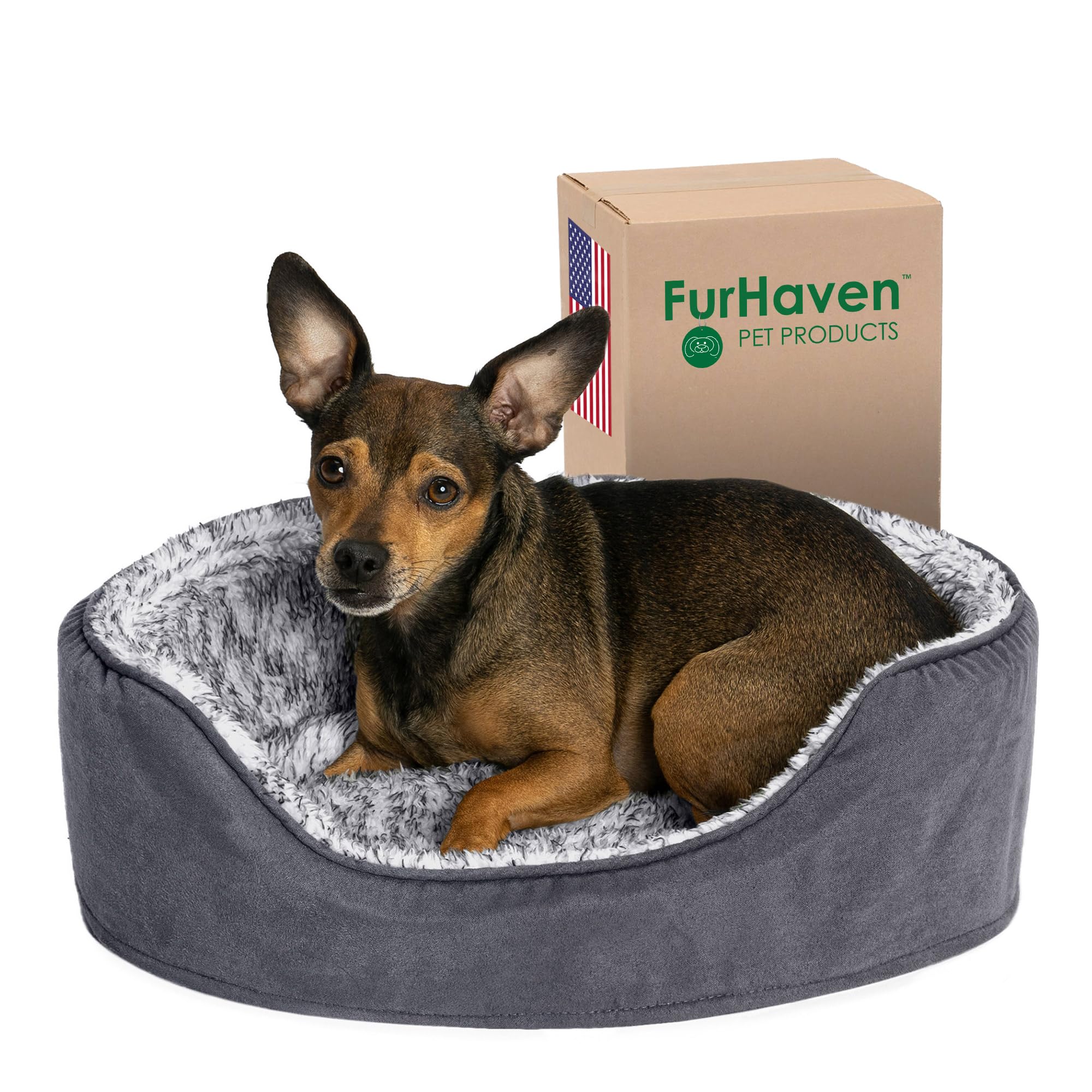 Furhaven Dog Bed For Small Dogs W/ Removable Washable Cover & Pillow Cushion Insert, For Dogs Up To 12 Lbs - Two-Tone Faux Fur &
