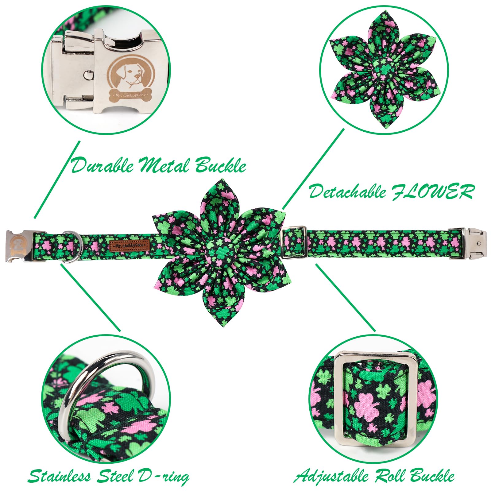 Mr. Chubbyface St.Patrick'S Clover Dog Collar With Flower, Pink Green Clovers Shamrock Adjustable Dog Collar, Cute St.Patrick'S