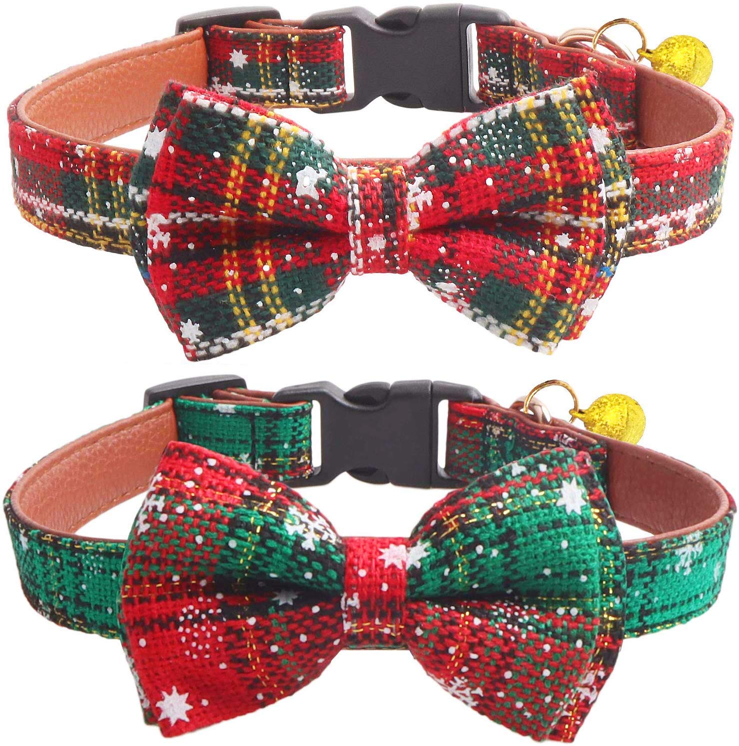Kudes 2 Pack/Set Christmas Snowflake Dog Collars Breakaway With Bow Tie And Bells For Cat And Small/Medium/Large Pets, Red & Gre