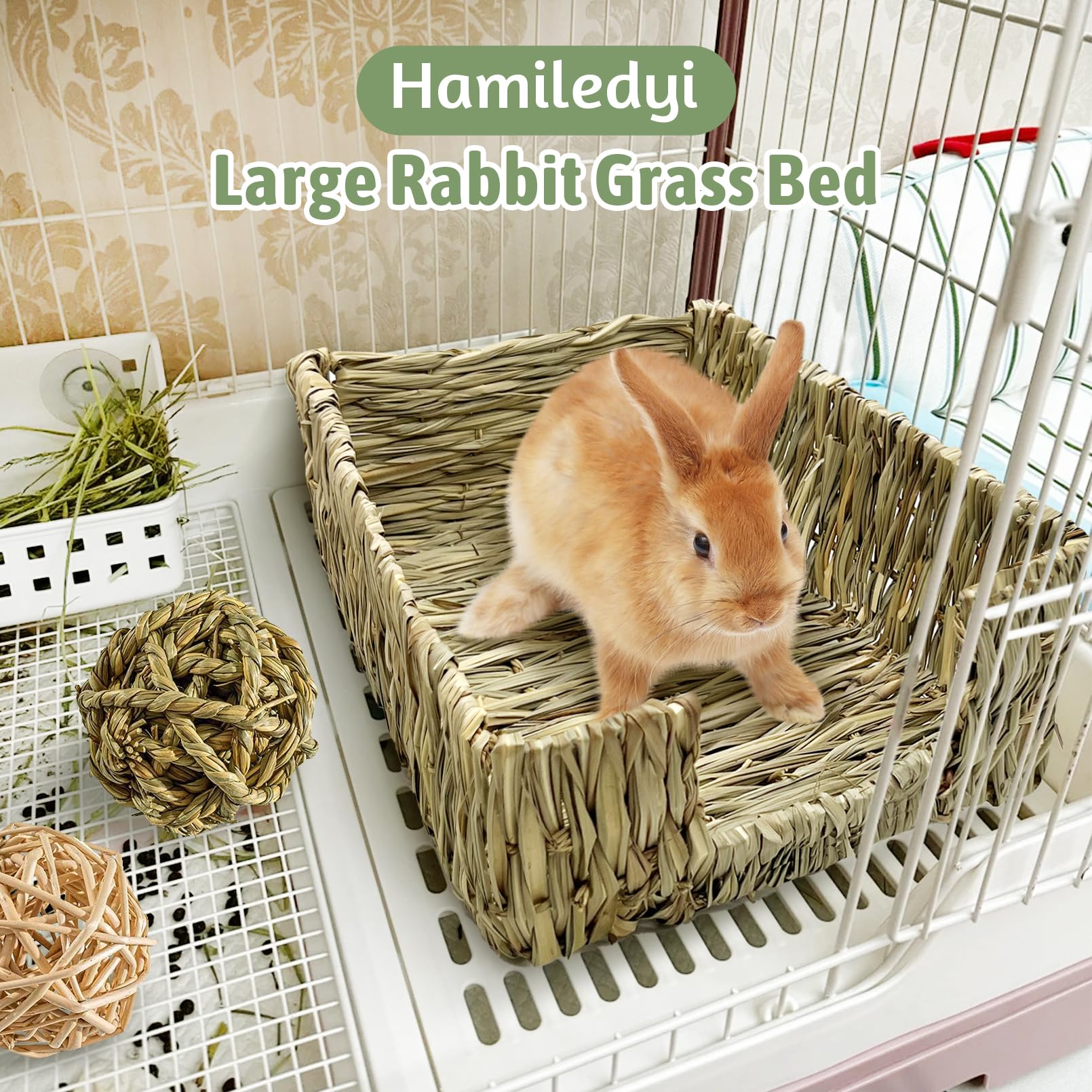 Hamiledyi Large Rabbit Grass Bed For Bunny, 21 Pcs Pet Bunny Chew Toys Natural Hand-Made Woven Hay Mat Hamster Straw Basket Smal
