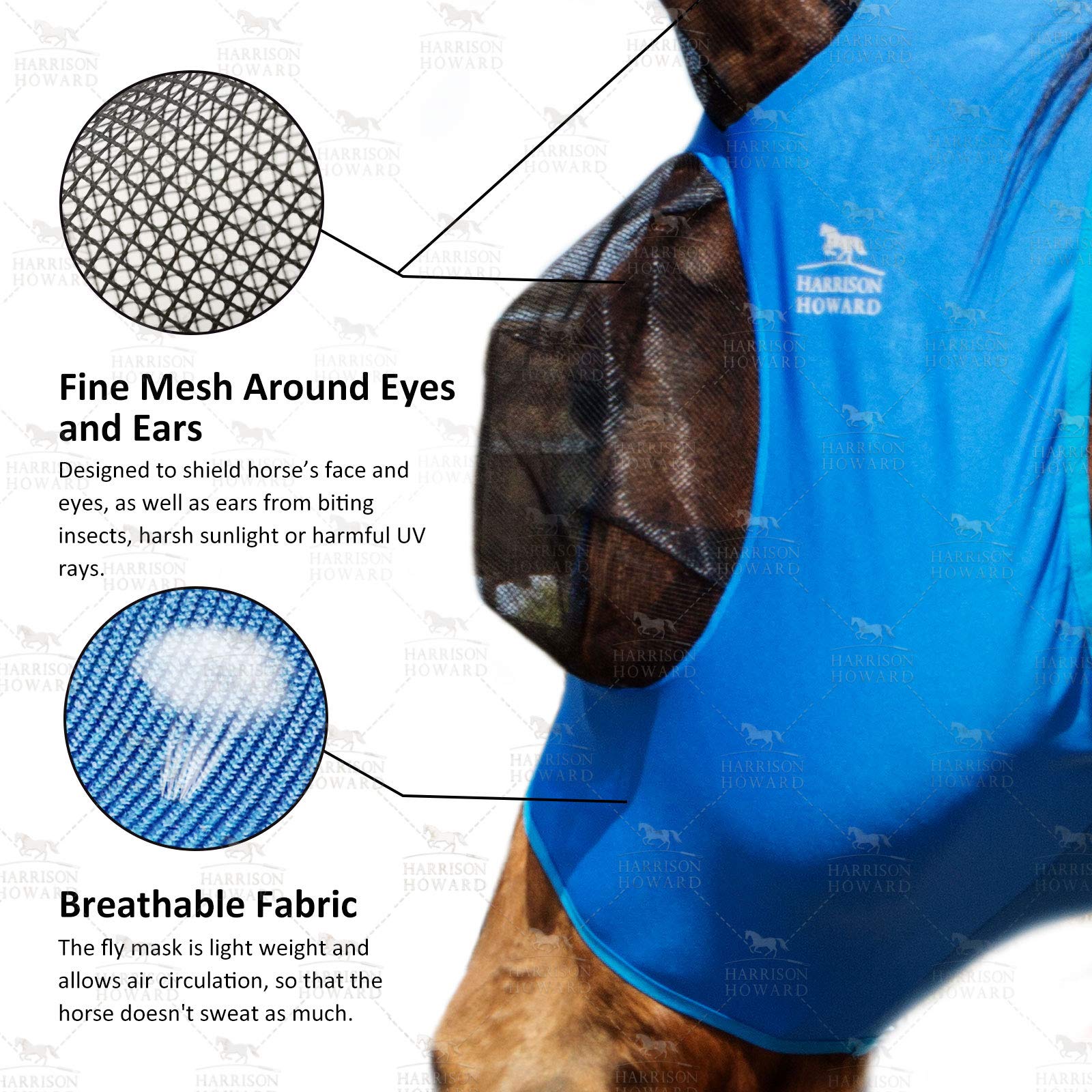Harrison Howard Super Comfort Stretchy Fly Mask Large Eye Space with UV Protection Soft on Skin with Breathability Azure Blue L