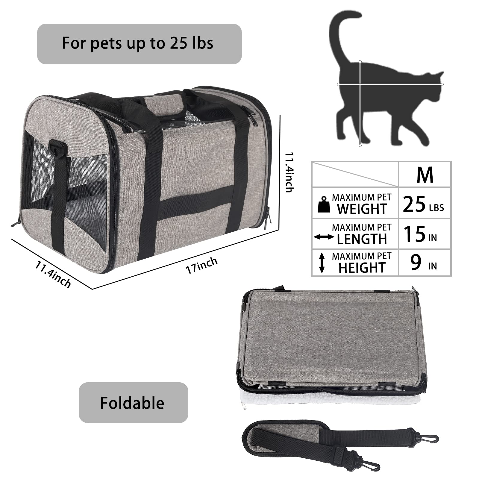 Cat Carrying Case - Pet Carrier Airline Approved, Protable And Breathable Pet Travel Carrier Removable Fleece Pad, Collapsible Cat Carrier Dog Carrier For Medium Cats Small Cats Dogs (Grey&Black M)