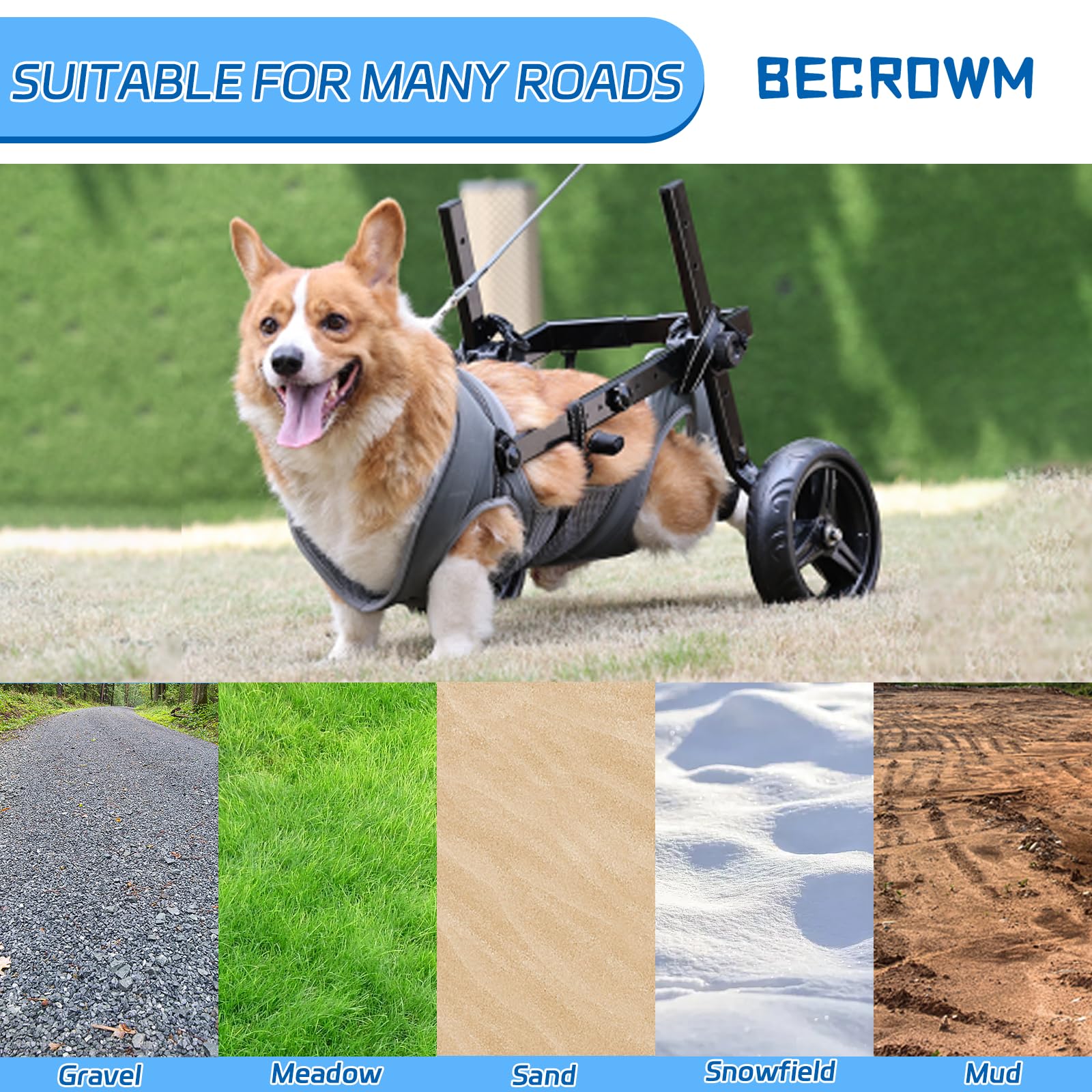 BECROWM Dog Wheelchair for Back Legs, Dog&Pet Corgi Wheelchair Cart with Disabled Hind Legs Walking, Medium Sized and Large Dogs