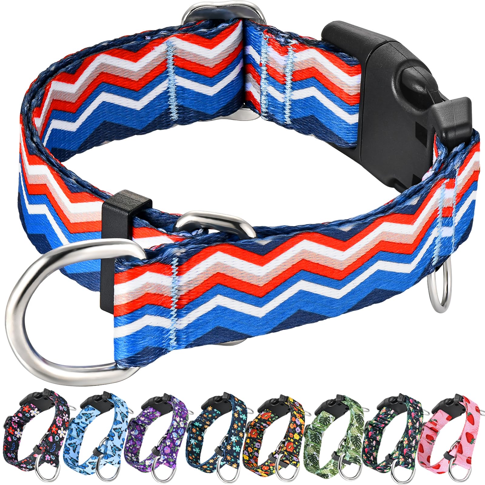 Fidohug Martingale Collar For Dogs With Buckle Adjustable Nylon Wave Slip No Pull Training Dog Collars (Red Blue Arrow, Large)