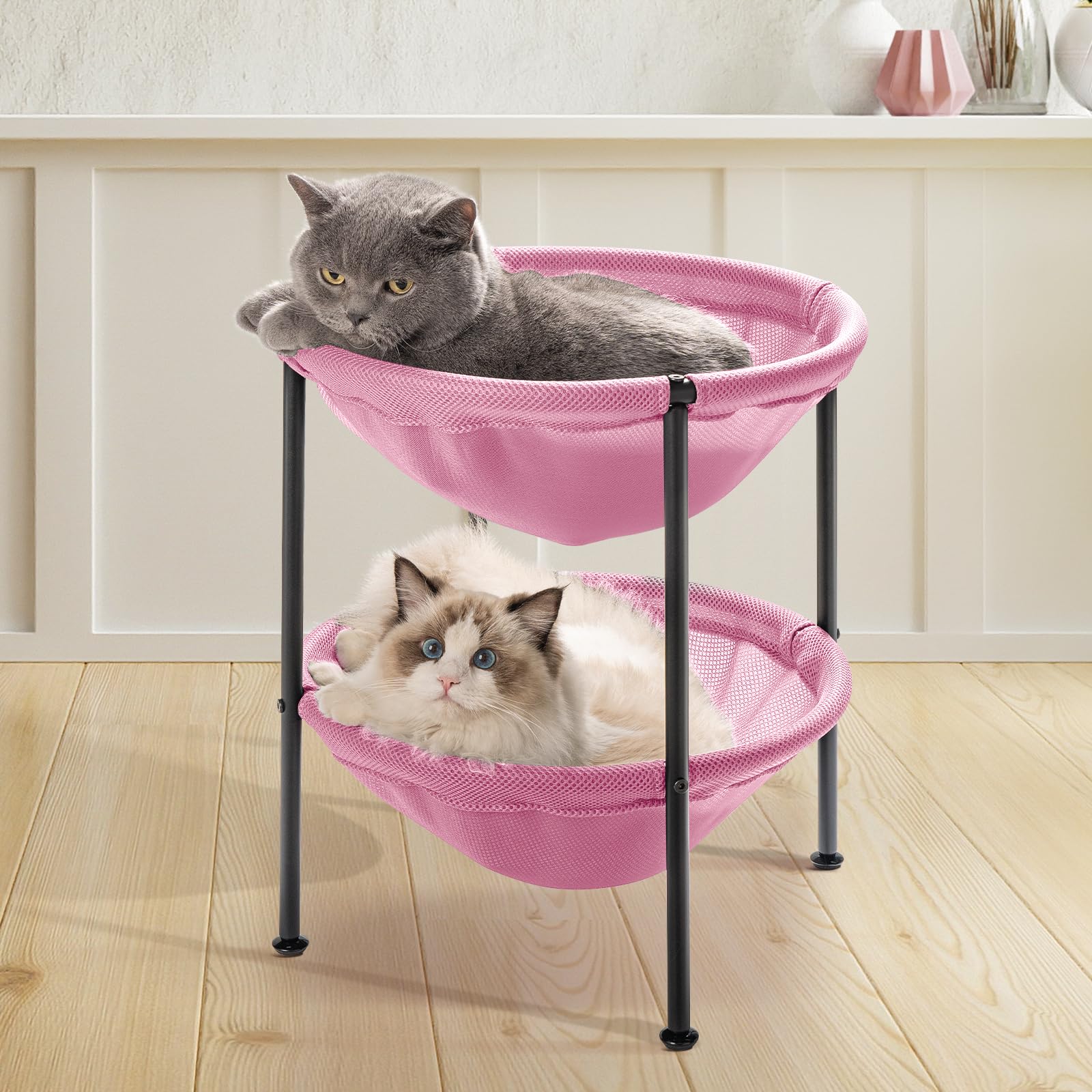 Junspow Double Cat Bed Pink, Breathable Pet Bed For 2 Cats With 4 Adjustable Feet & Anti-Slip Mats, Easy Assembly Cat Hammock Fo