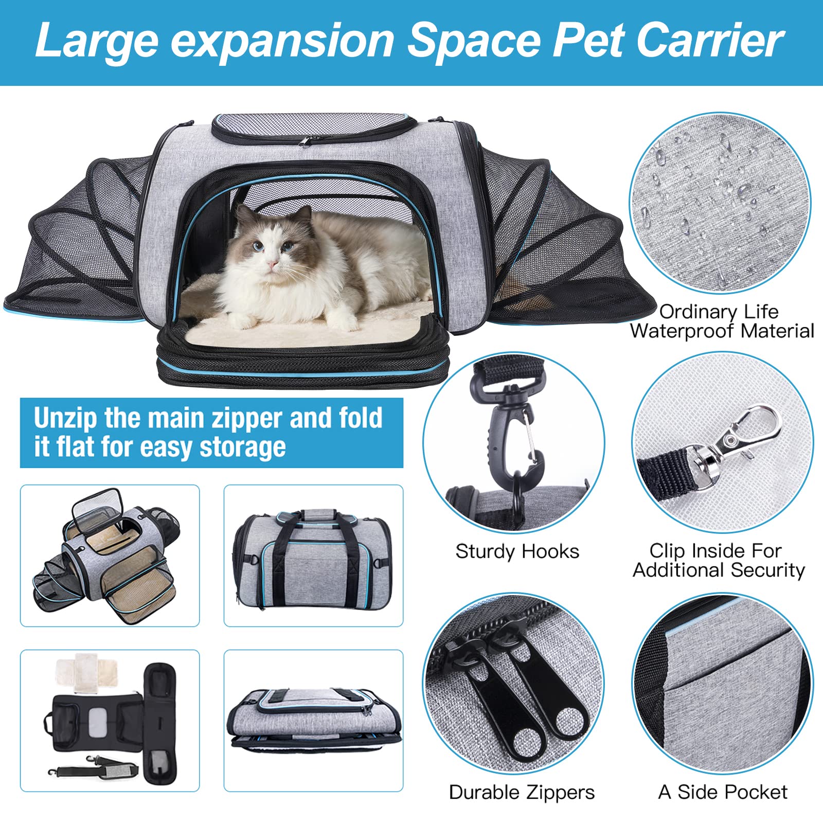 Siivton 4 Way Expandable Pet Carrier, Airline Approved Collapsible Cat Soft-Sided Carriers W/Removable Fleece Pad for Cats, Pupp
