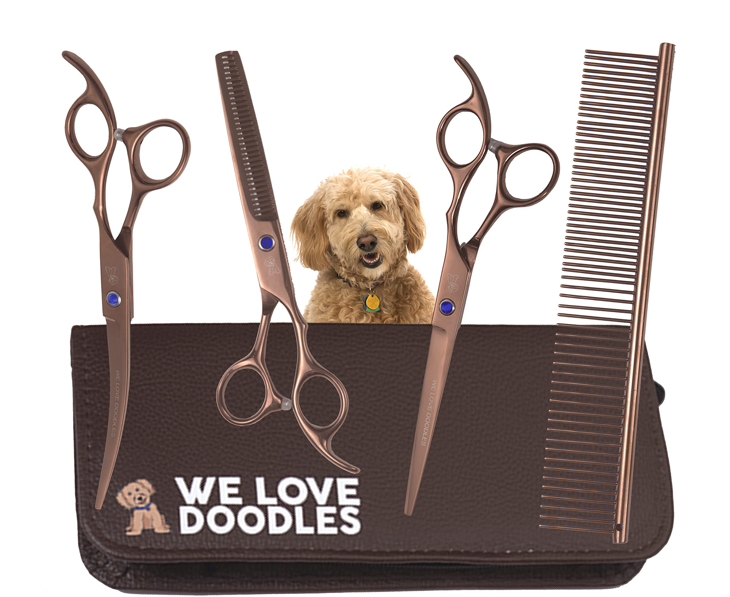 Dog Grooming Scissors Kit - Best Tools For Goldendoodles, Poodles & Doodles - Straight, Curved & Thinning Shears - Golden Doodle