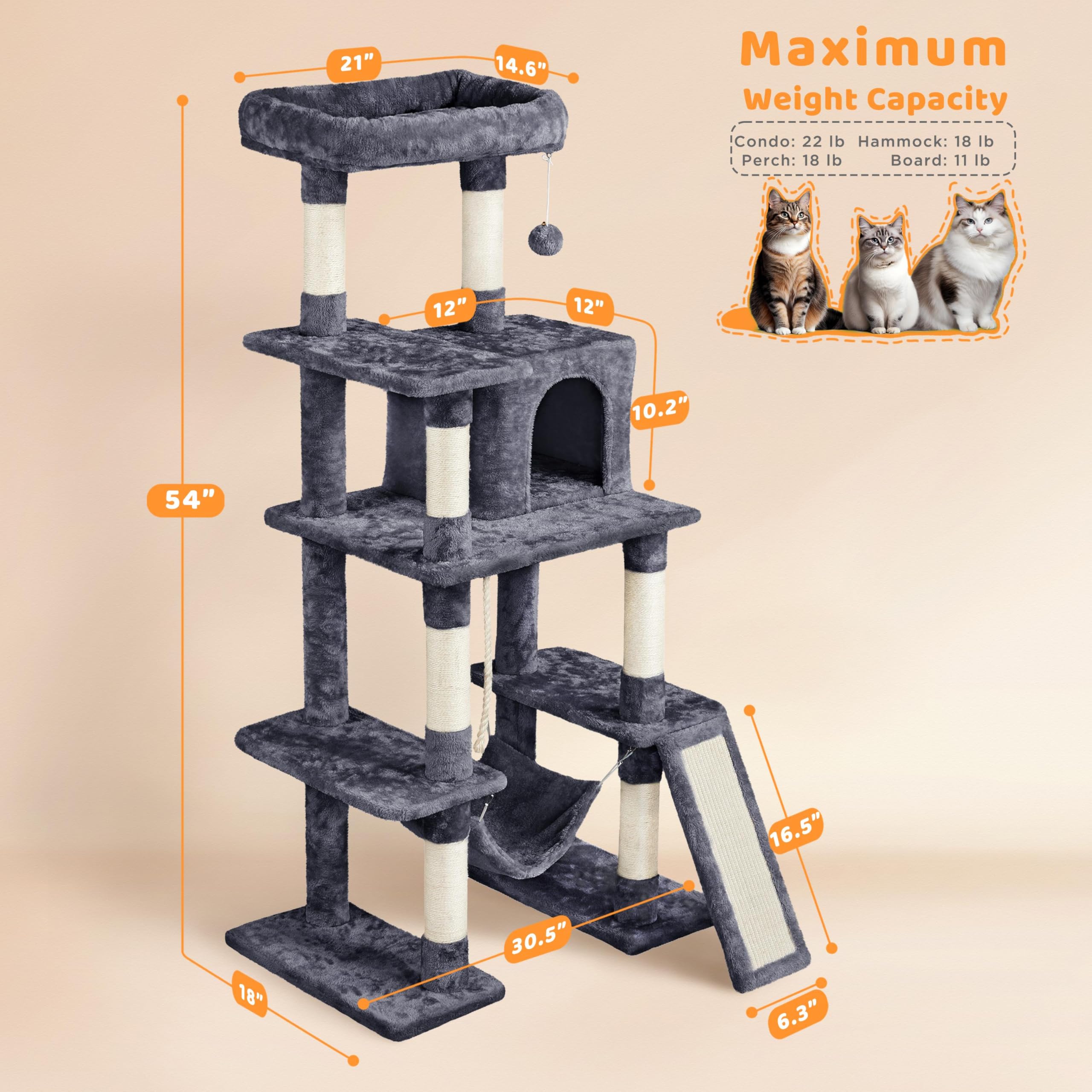Yaheetech 54in Cat Tree Tower, Multi-Level Pet Stand Furniture with Hammock Scratching Posts Condo Extended Platform for Indoor