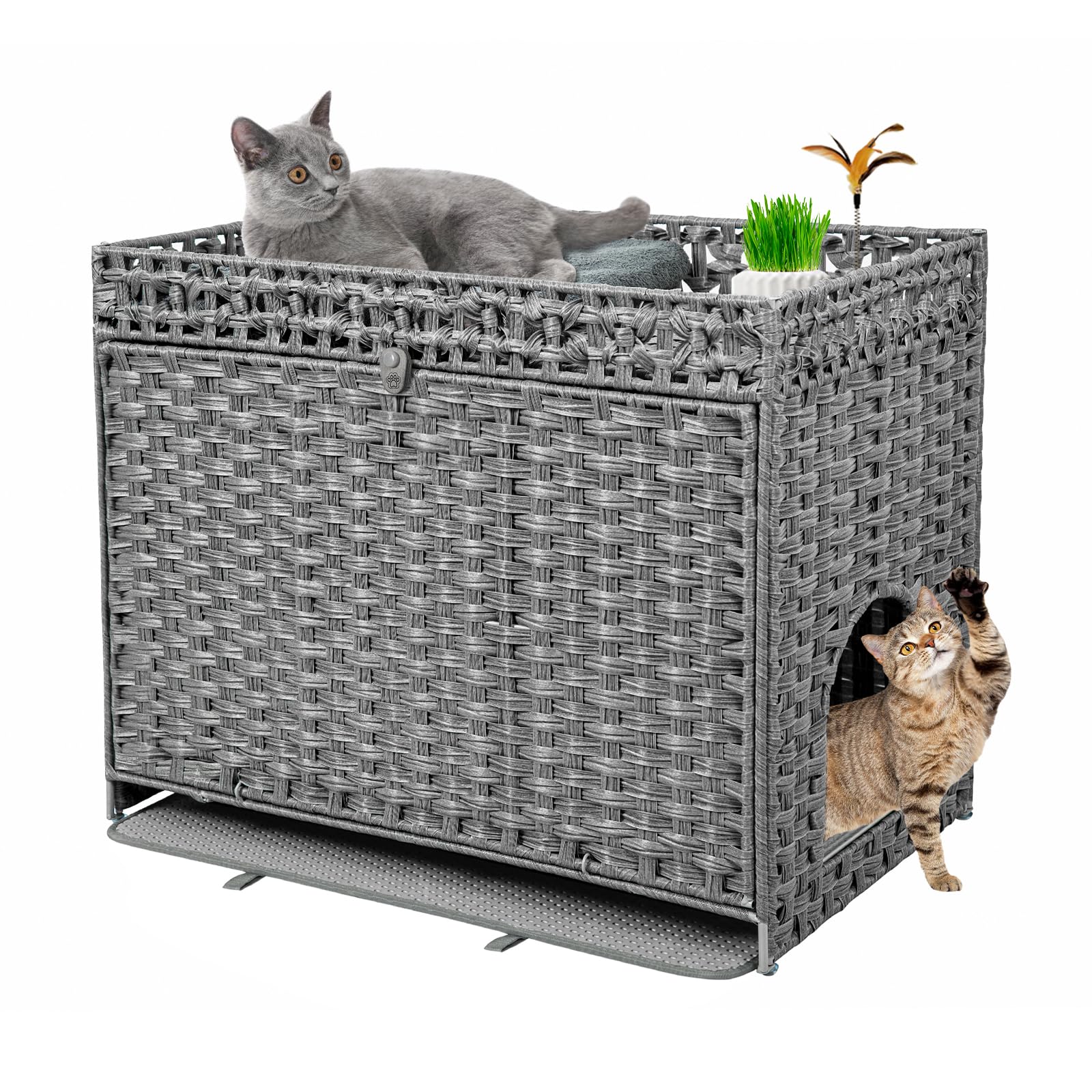 Doveaid Cat Litter Box Enclosure Furniture Hidden, Pet House Litter Box Furniture For Large Cats, Handwoven Rattan With Door Cat