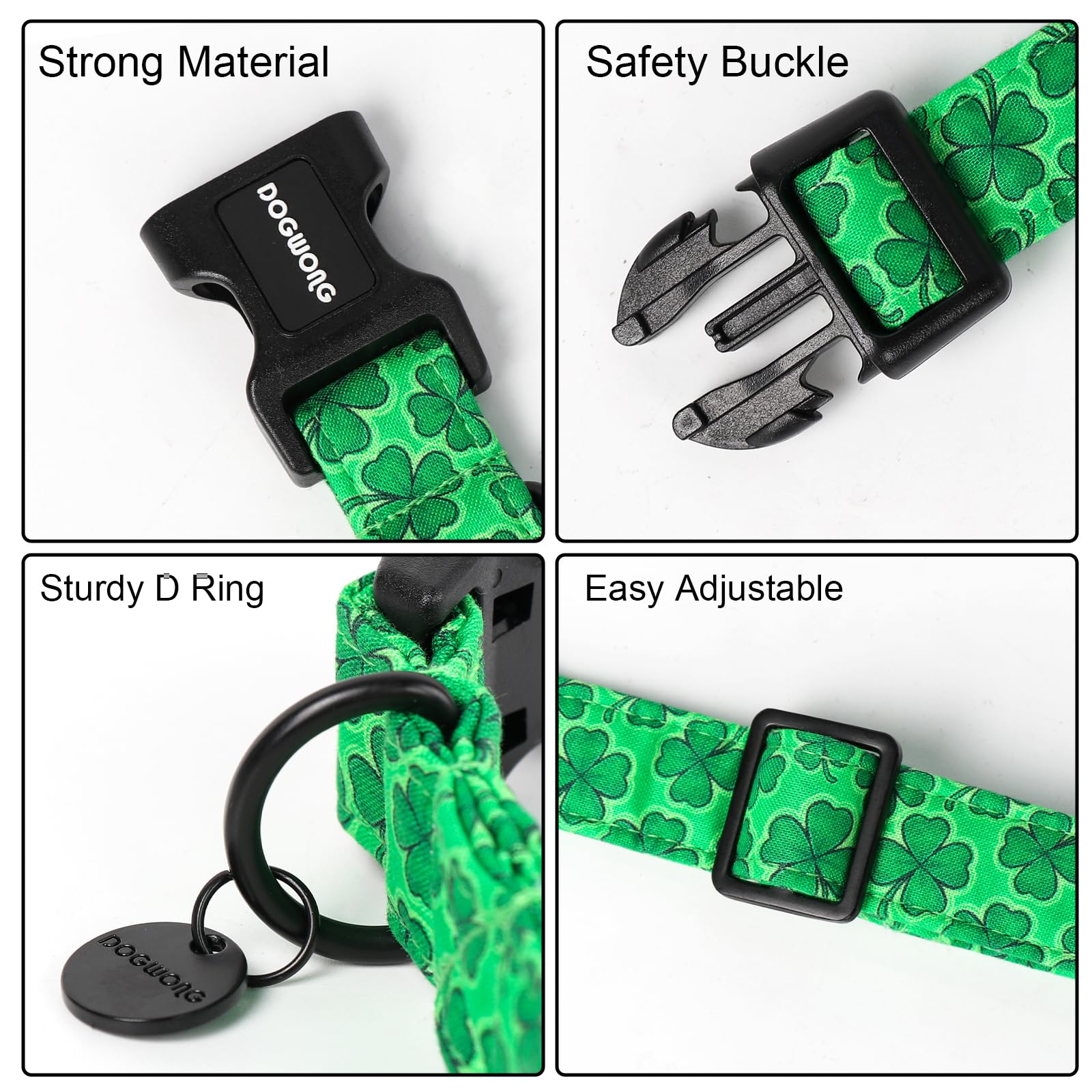 Dogwong St. Patrick'S Day Dog Collar, Green Lucky Clover Shamrock Green Dog Collar Soft Durable Adjustable Costume St. Patrick'S