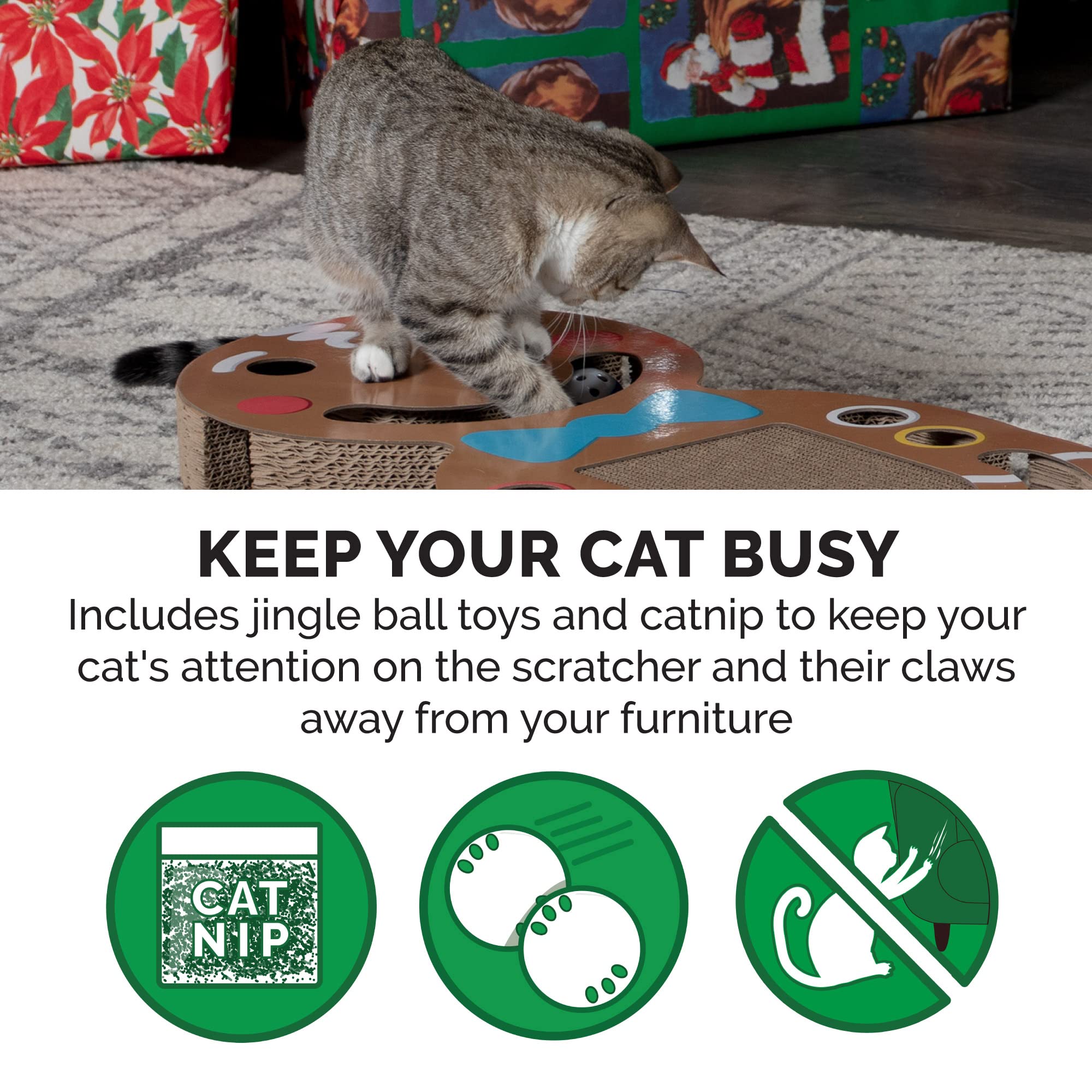 Furhaven Scratching Pad Ball Track Cat Toy W/ Catnip For Indoor Cats - Giant Gingerbread Man Holiday Corrugated Busy Box Scratcher - Brown, One Size