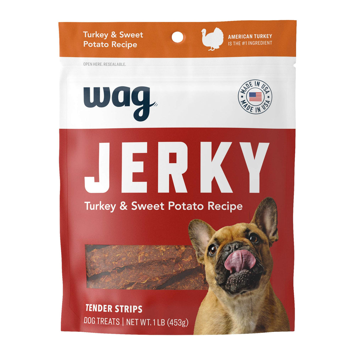 Amazon Brand - Wag Soft & Tender American Jerky Dog Treats - Turkey & Sweet Potato, 16 Ounce (Pack Of 1)