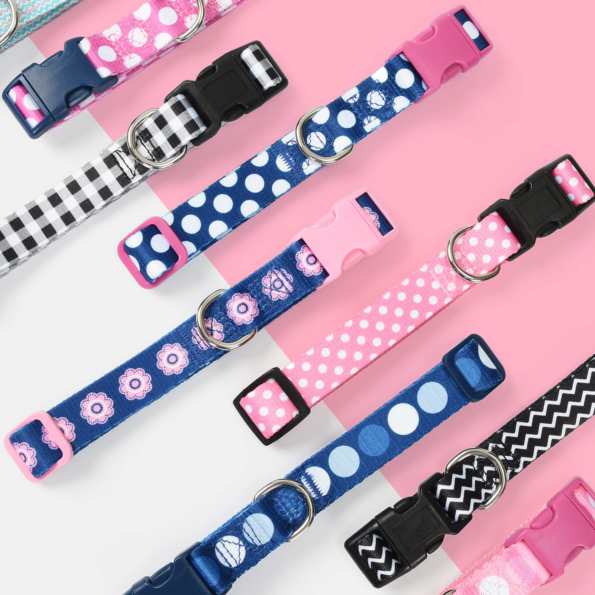 Mile High Life Dog Collar | Cute Puppy Collars | Lightweight Girl Dog Collar | Soft Boy Dog Collars | W Geometric Plaid Wave Line Pattern (Pink Dots, Medium)