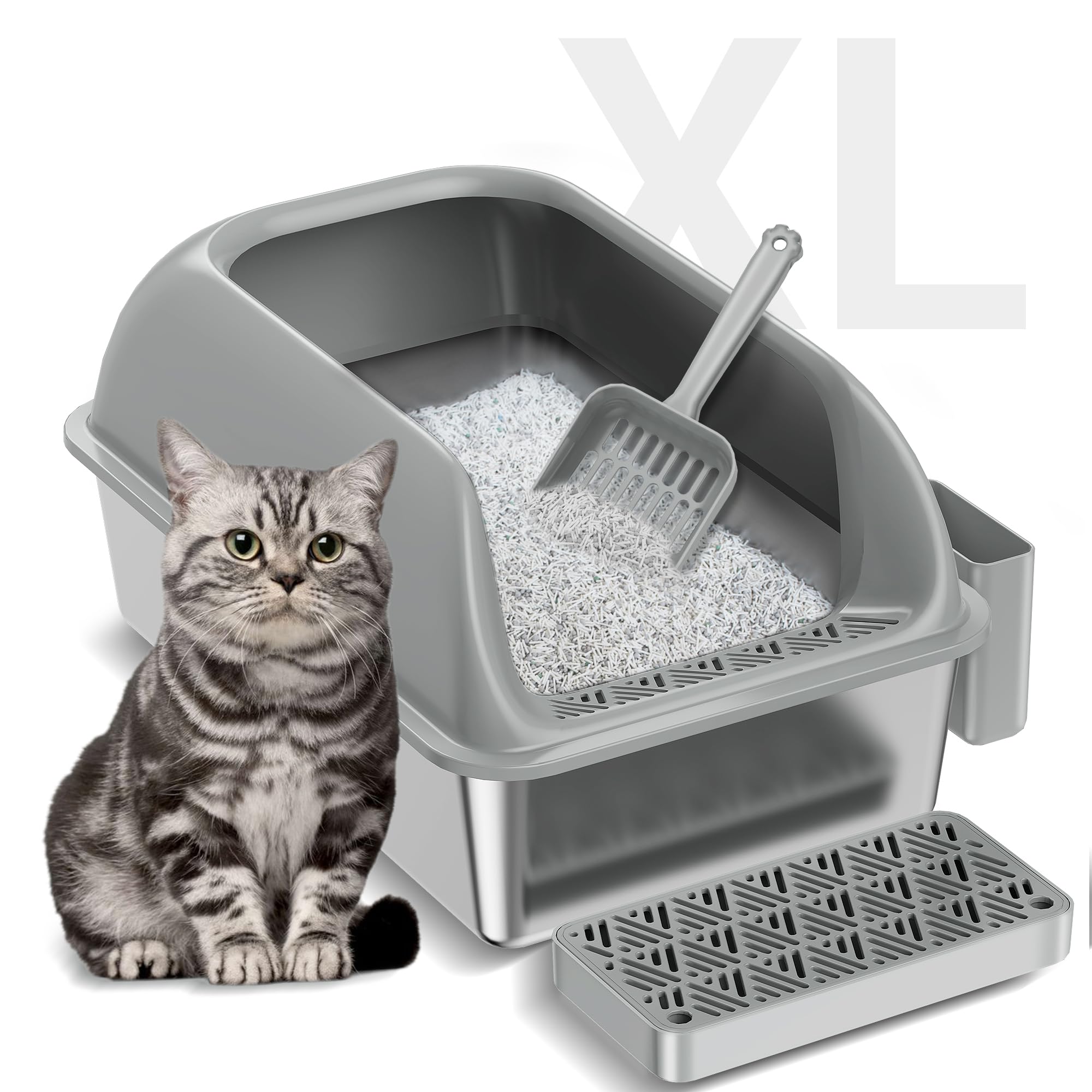 Miorcols Stainless Steel Litter Box with Lid, XL Extra Large Metal Cat Litter Box for Big Cats, High Sided Design with Scoop & P