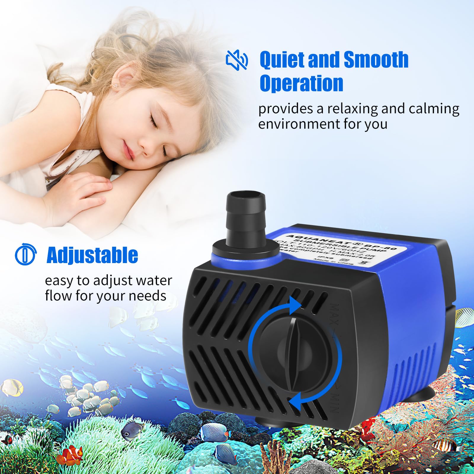AQUANEAT Small Fountain Pump, 80 GPH Mini Submersible Water Pump with 3.3 ft Tubing, for Aquarium Fish Tank, Pet Water Fountain,