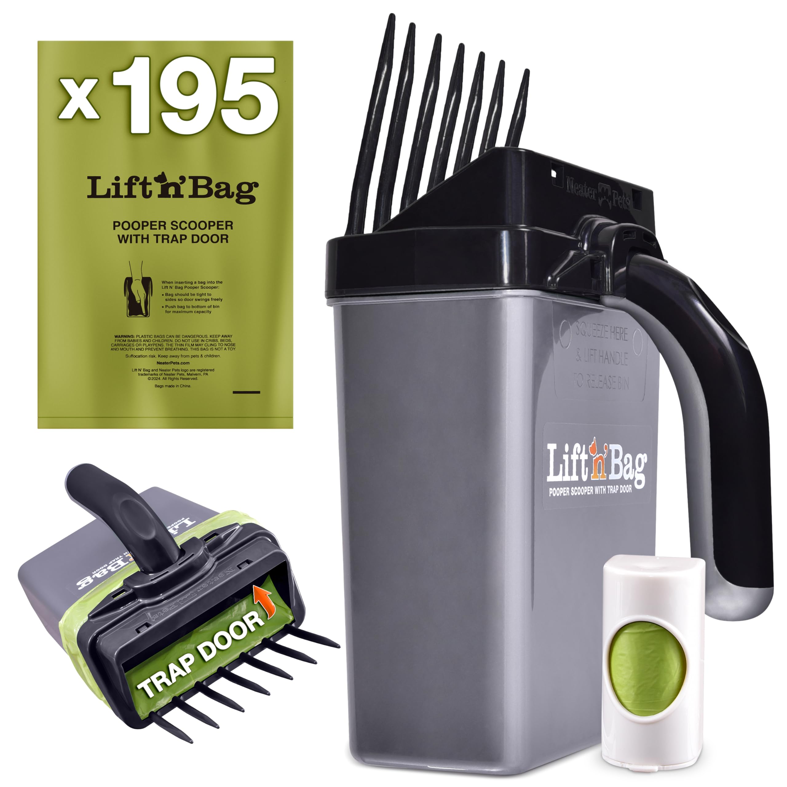 Neater Pets Lift N Bag Trap Door Dog Pooper Scooper With Bag Attachment For Small To Large Breeds - 195 Refill Bags - Heavy Duty