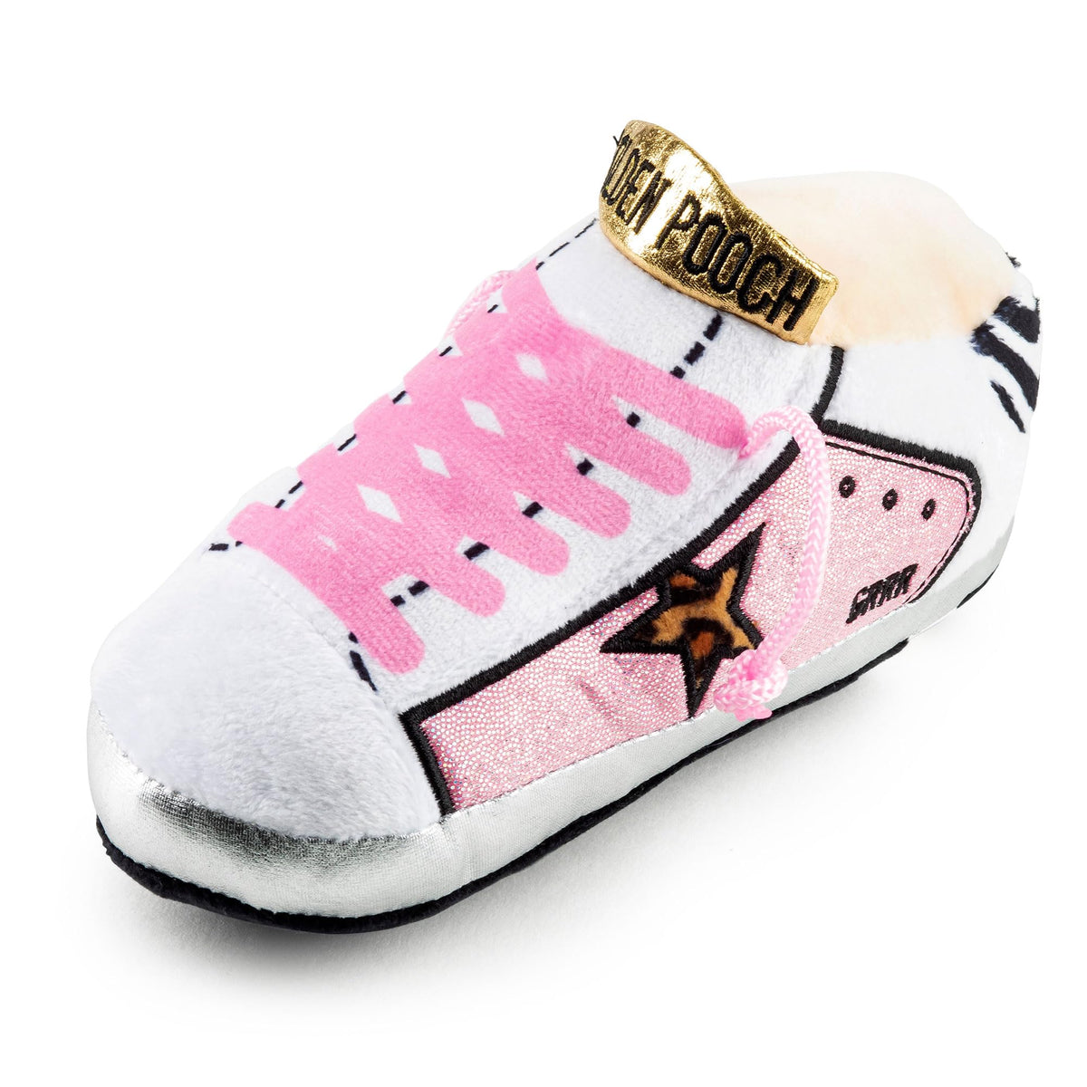 Haute Diggity Dog Pink Golden Pooch Tennis Shoe, Plush Designer Dog Toys With Interactive Squeaker, Stimulating Pet Enrichment, 