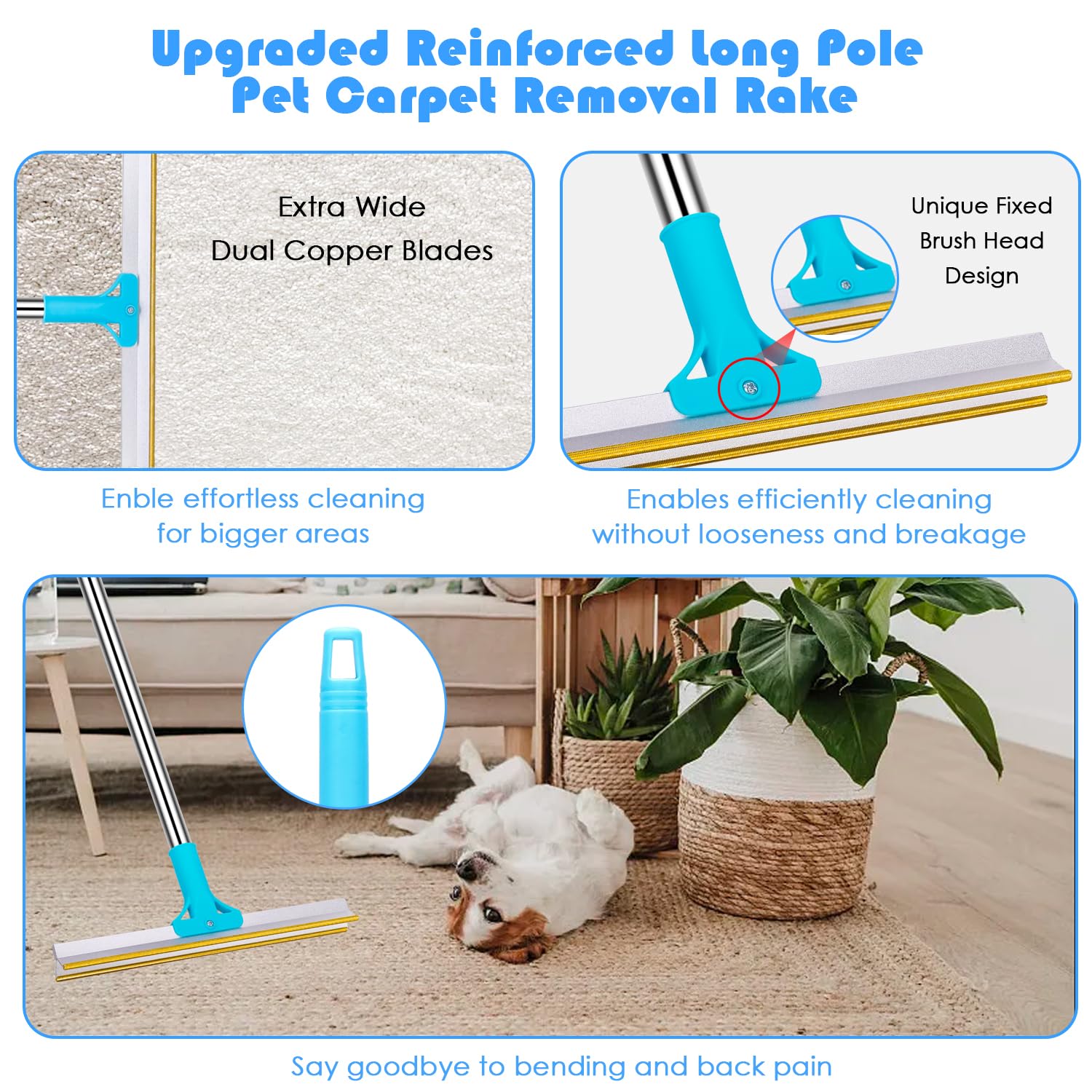 Carpet Rake For Pet Hair Removal | 5-Piece Set With 10 Disposable Cleaning Gloves, Long & Short Handles, Lint Rollers & Scraper