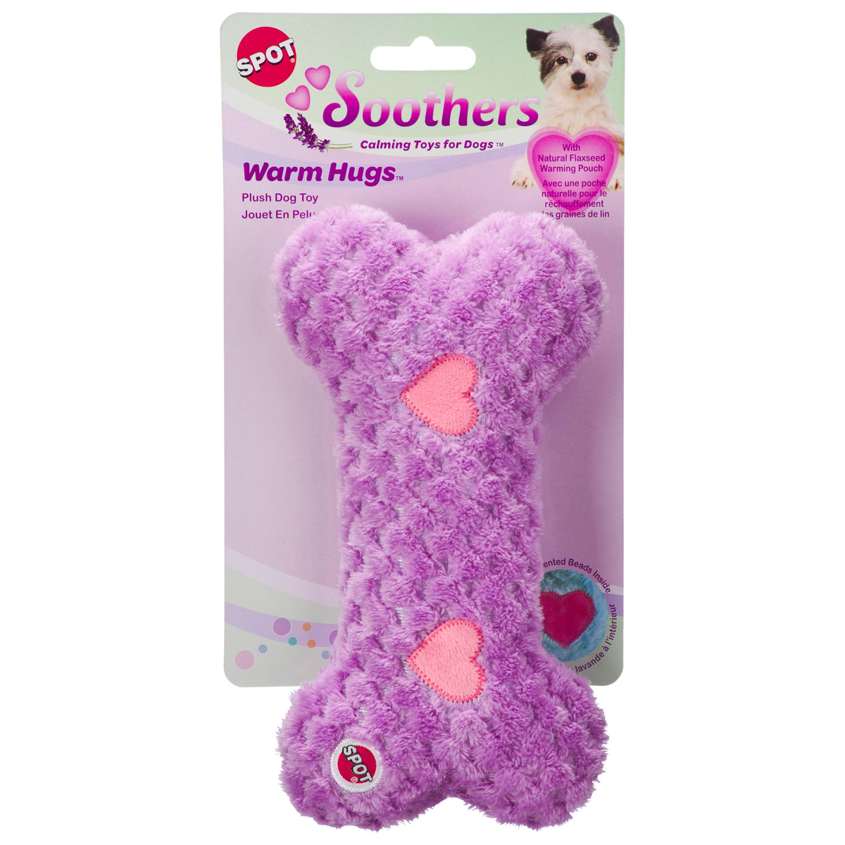 Spot Soothers Warm Hug Bone - Calming Plush Dog Toy With Lavender Scented Beads, Removable Squeaker, Microwavable Warming Pouch,