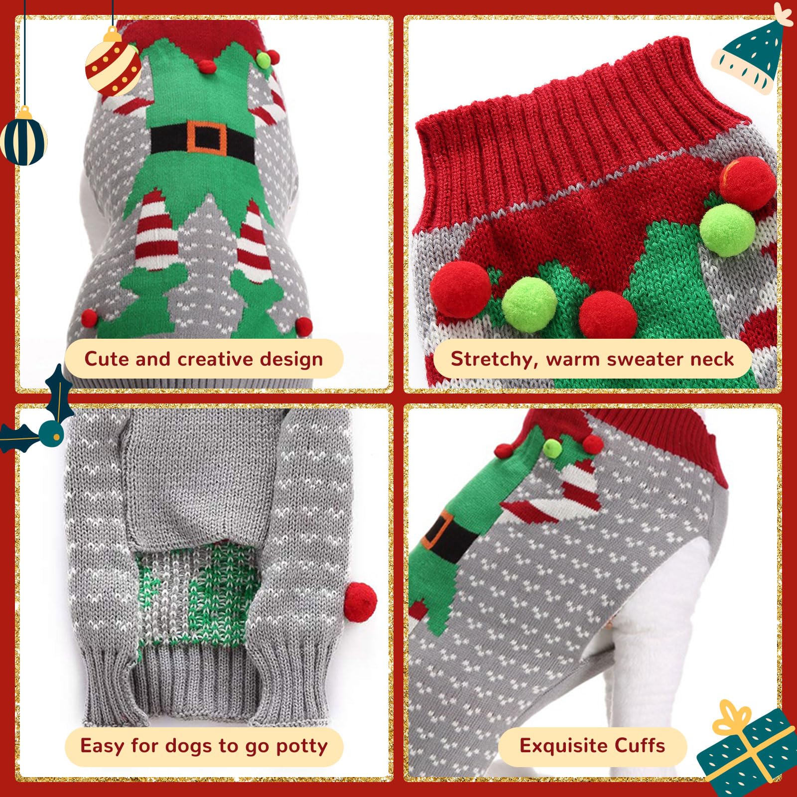 Axiijgl Dog Christmas Costume - Elf Outfit For Small Dogs, Gray Pullover With Leash Hole For Dachshund, Chihuahua, Frenchie