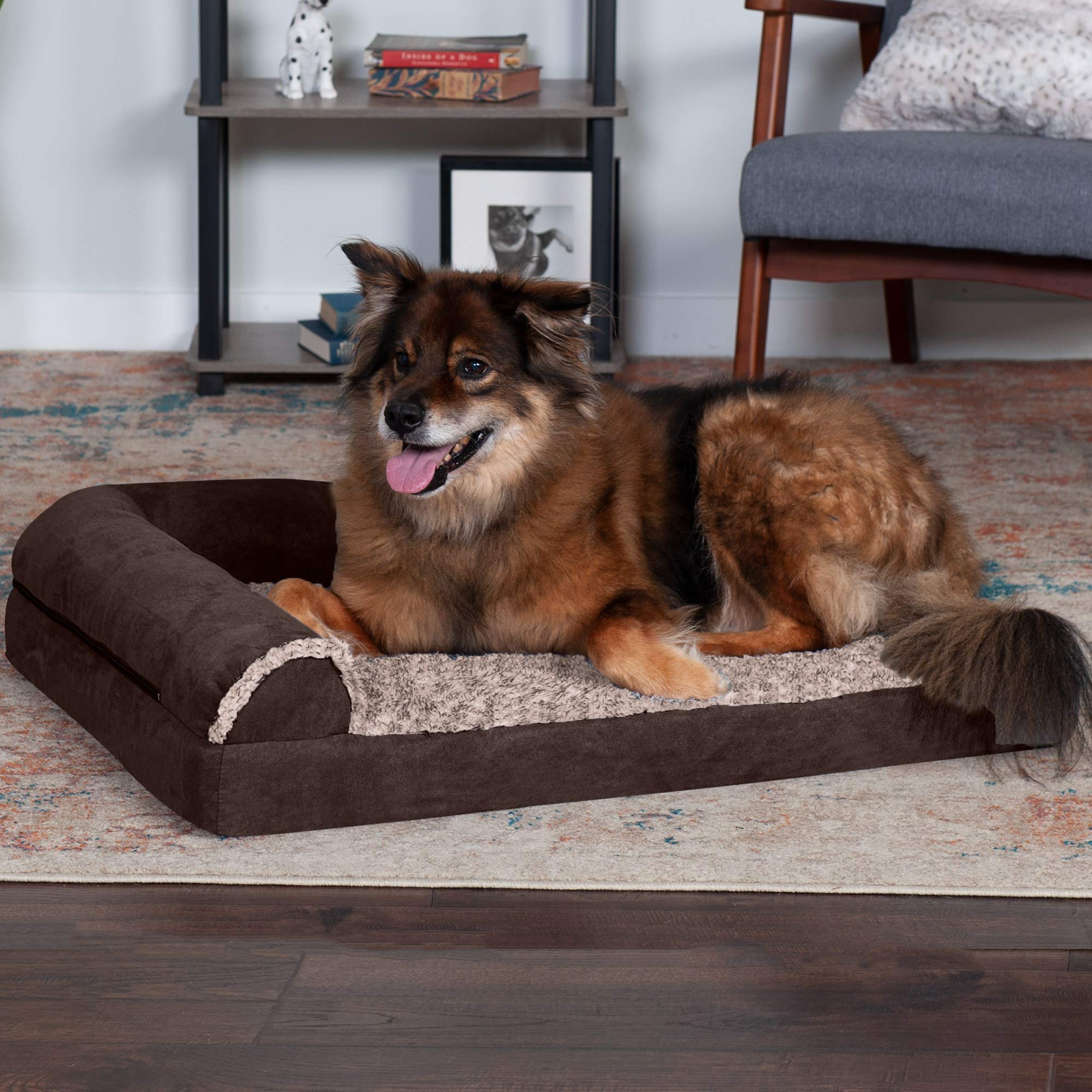 Furhaven Pet Products Two-Tone Faux Fur & Suede Memory Top Deluxe Chaise Lounge Pet Bed For Dogs & Cats - Espresso, Large