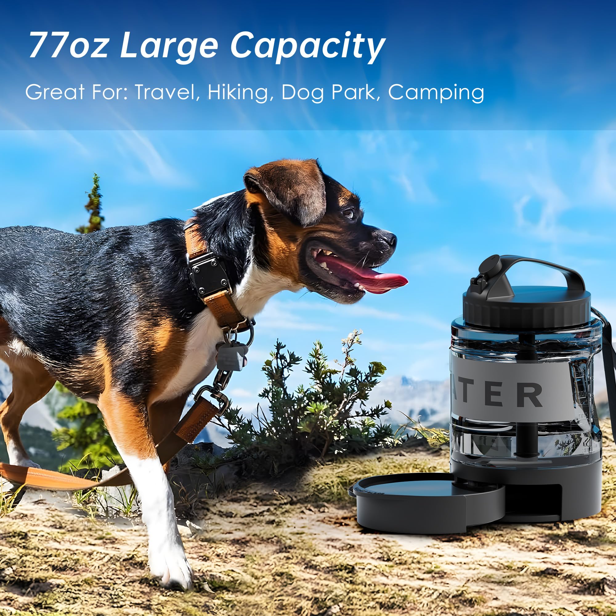77oz Dog Water Bowl Dispenser,Dog Camping Essentials Large Dog Water Bottle with Pull-Out Drinking Bowl,Portable Travel Water Bo