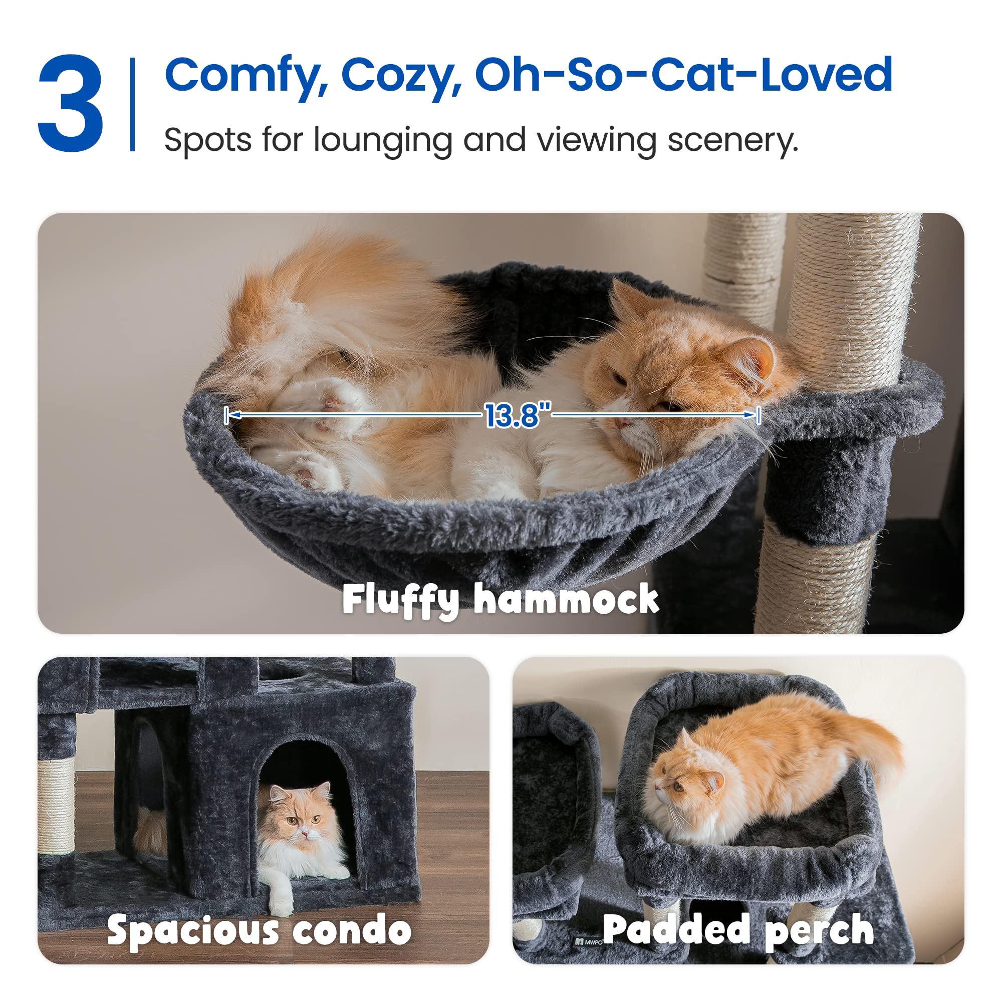 MWPO Extra Large Cat Tree - 70.1" Tall Cat Tower with 3 Condos, Scratching Posts, Plush Fabric, Smoky Grey, Model US-B840C