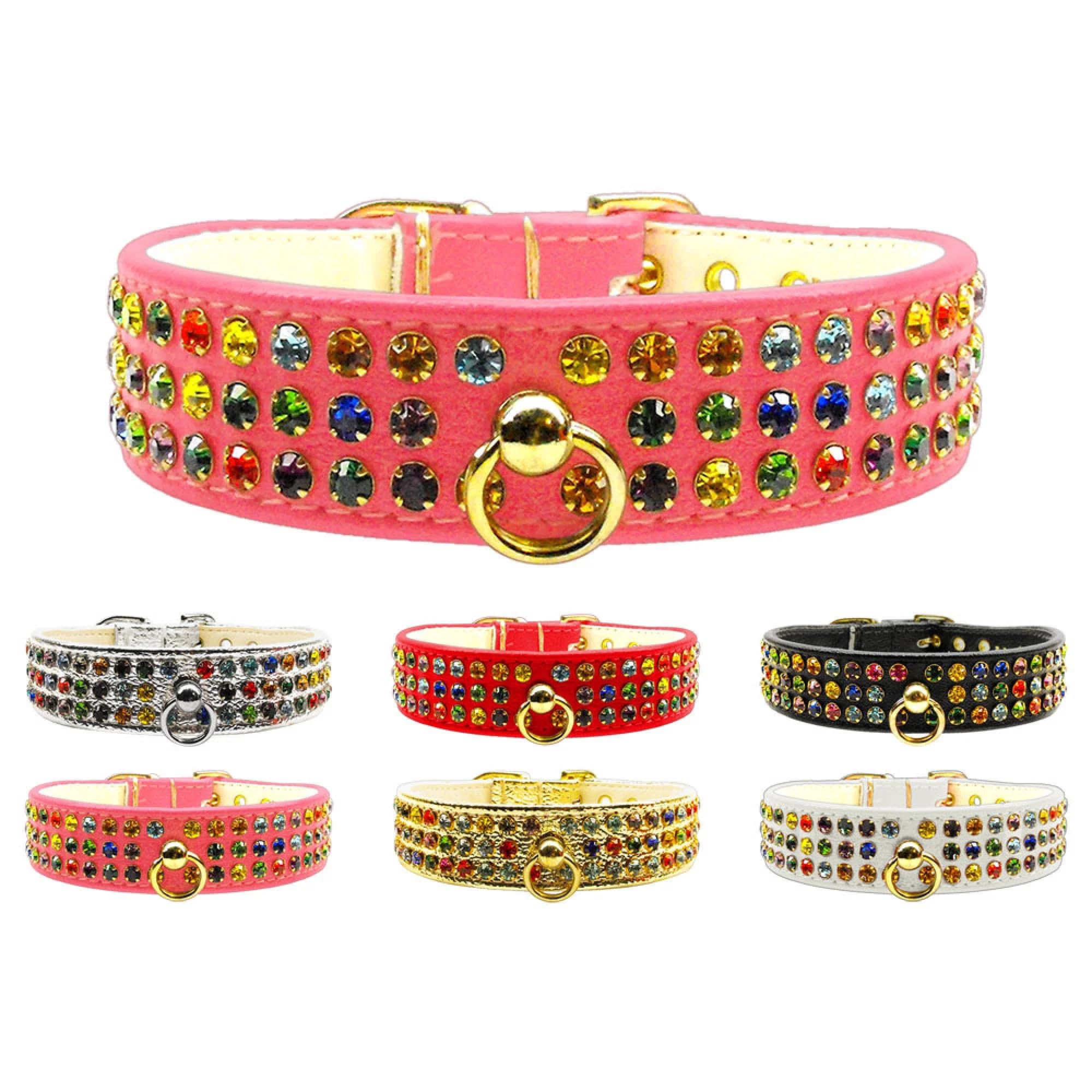 Dog, Puppy & Pet Collar, &quot;Mardi Gras Three Row Confetti Jewel Set&quot; Gold 16