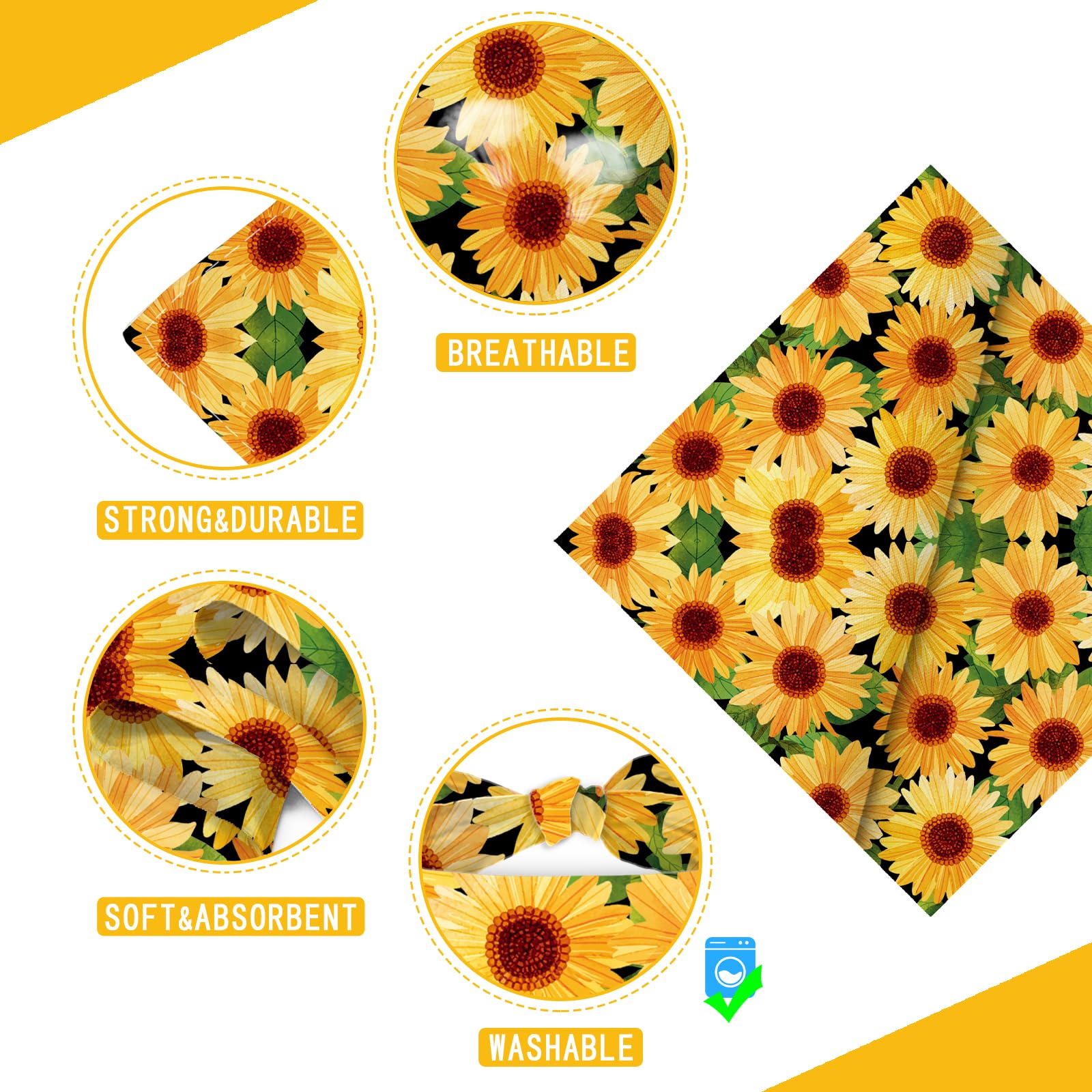 Liboom - Sunflower With Leaves Dog Bandana Washable Pets Scarf Triangle Adjustable Handkerchief, Double Sided Printing, Black,Su