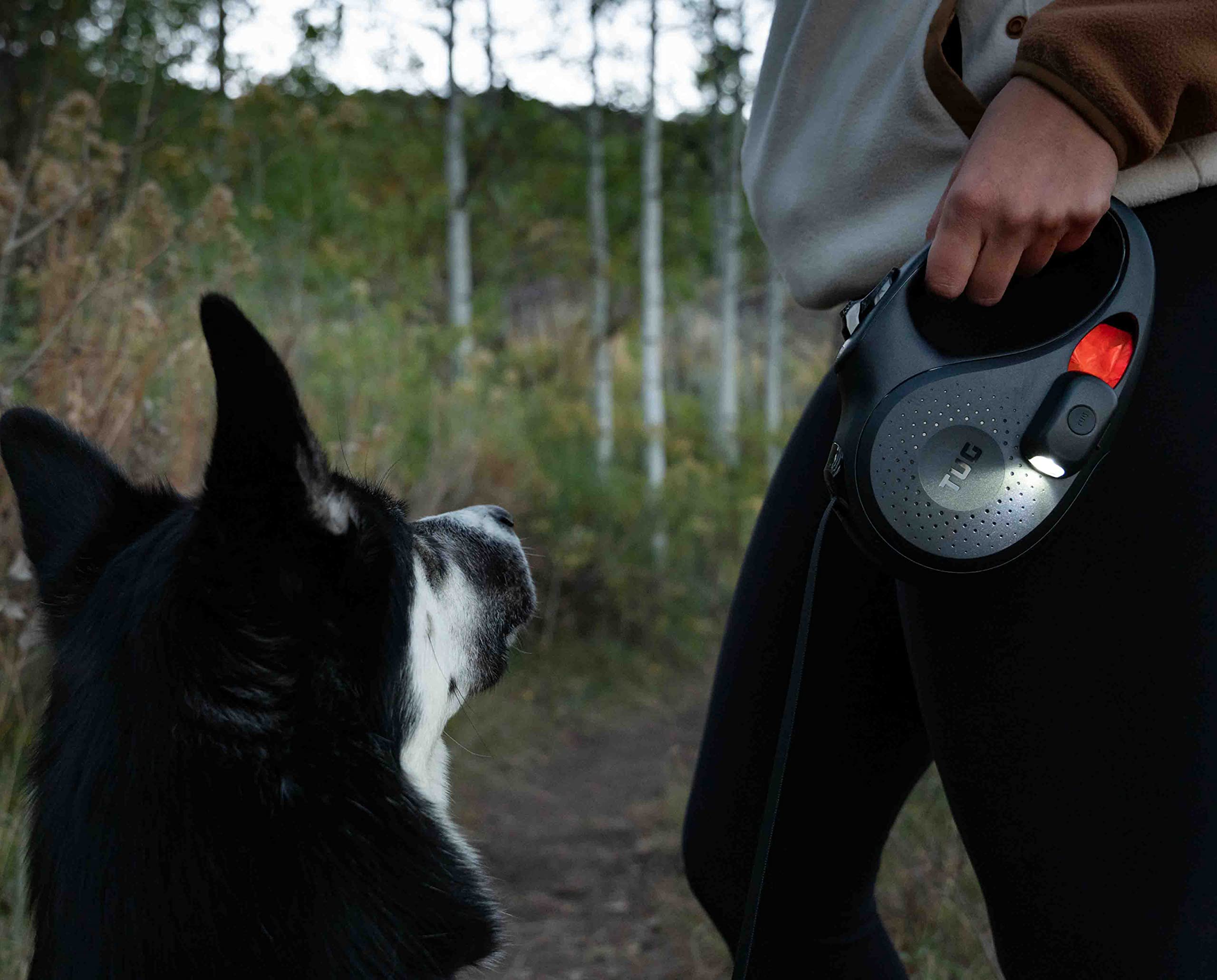 TUG Retractable Dog Leash with Flashlight & Waste Bag Dispenser, Small, Black, Model T008-SBLK-F