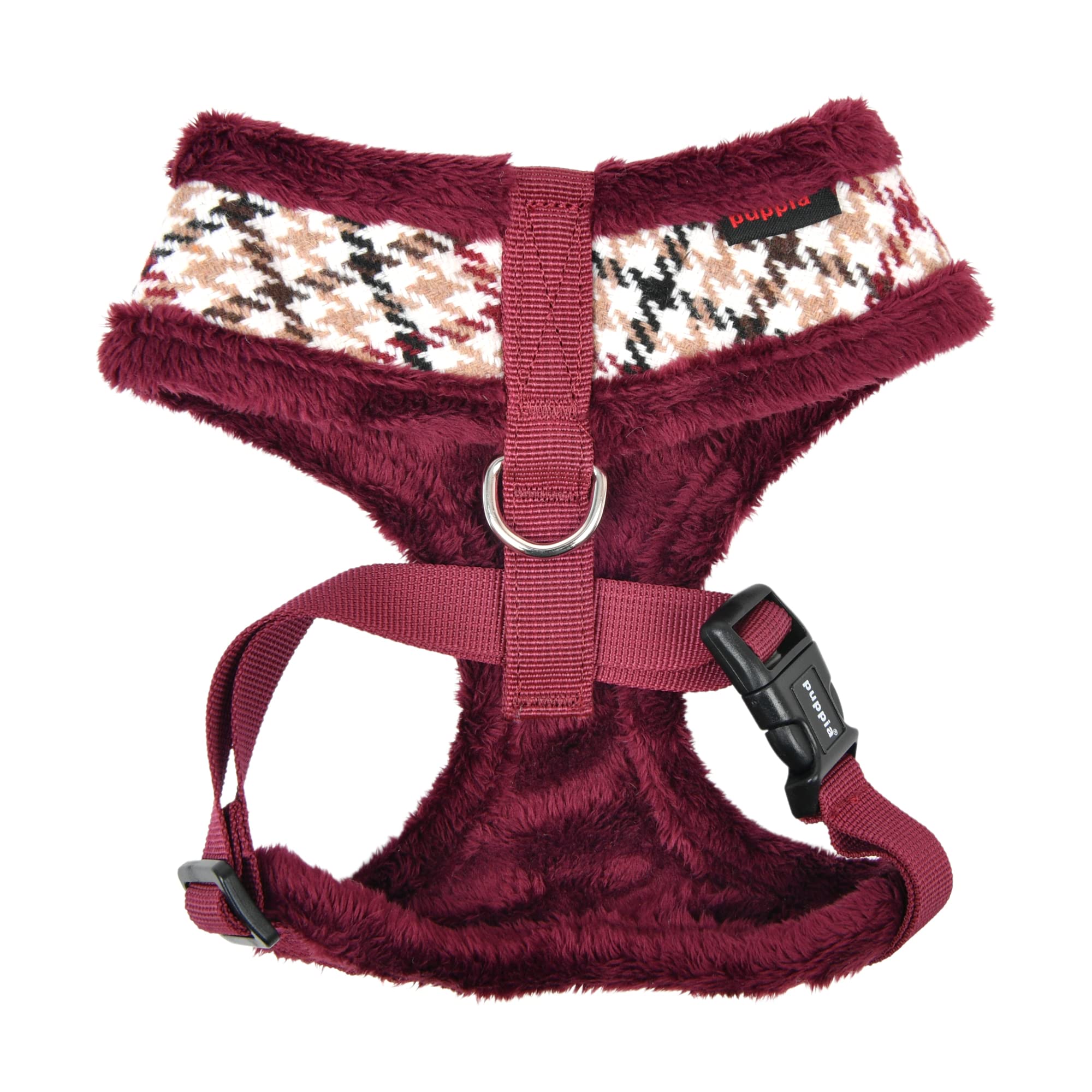 Puppia Kent Dog Harness Over-The-Head Warm Winter Houndstooth Pattern Adjustable Chest For Small And Medium Dog, Wine, Large