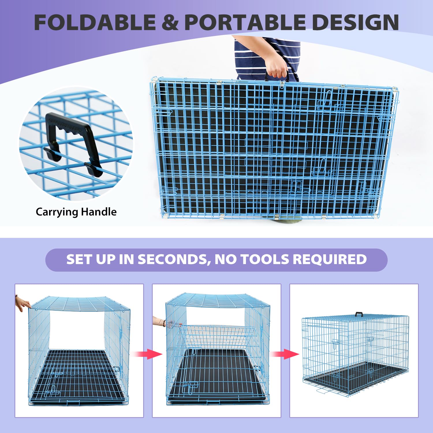 Home For Pets Dog Crate Cage Extra Folding Large Double Door Pet Crate,Includes Divider And Tray,(Blue,36)