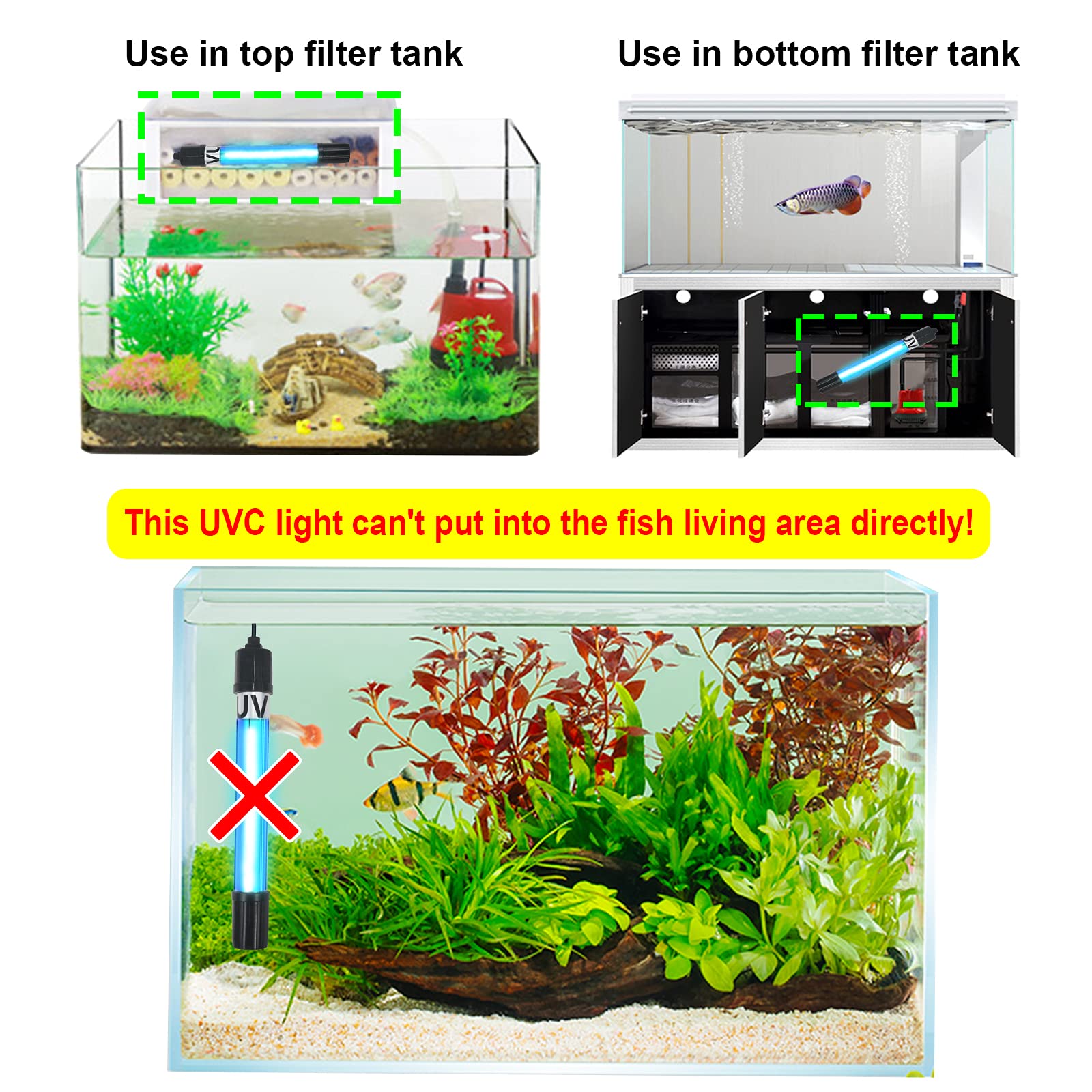 13W Aquarium Uv Sterilizer For 70-200 Gallon Fish Tank Light Aquarium Algae Clean Light Green Killing Machine Algae Remover