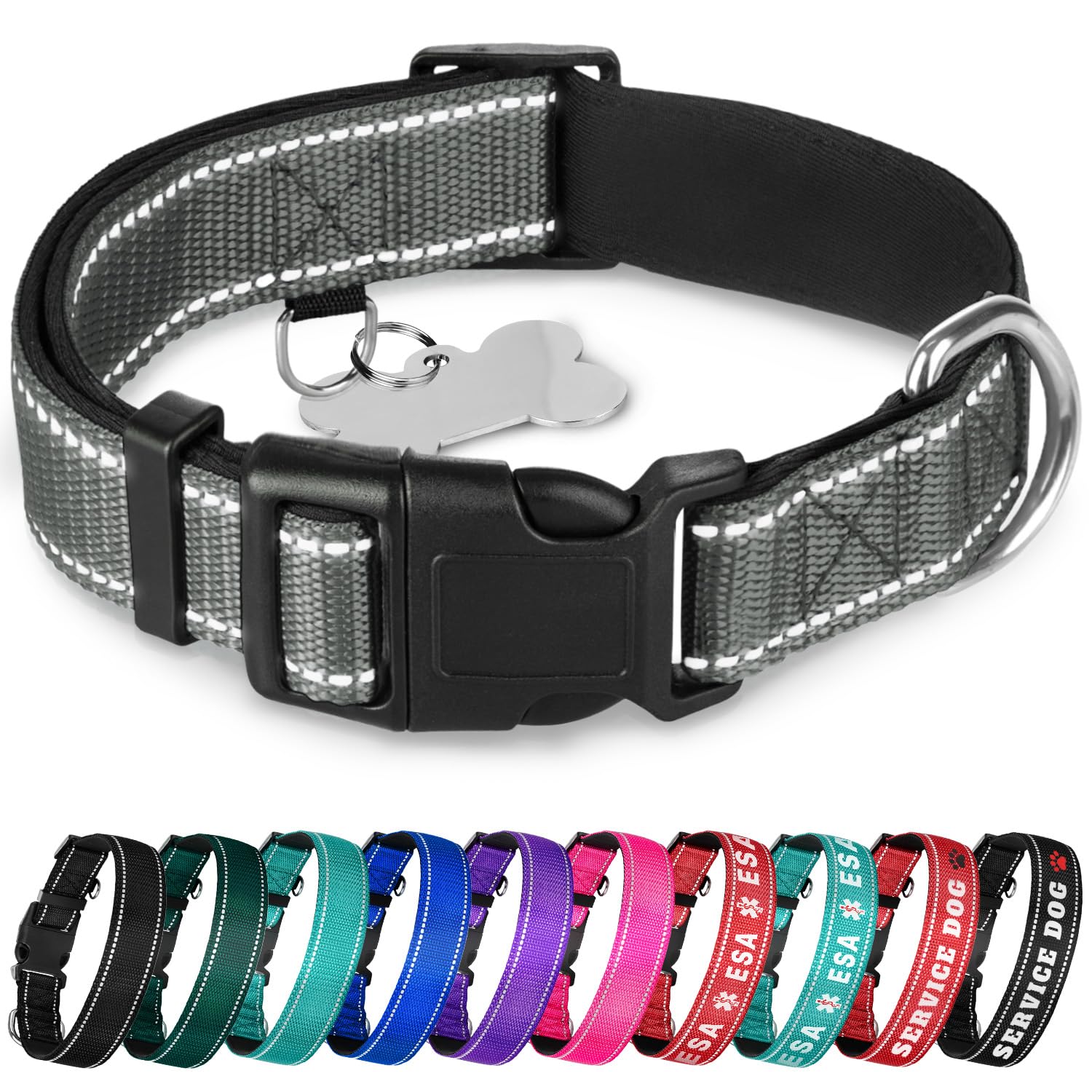 Teceum Reflective Pet Collar - Gray - L - Extra Soft Padding - Basic Nylon Dog Collar - Quick Release Buckle - Fits Small, Mediu