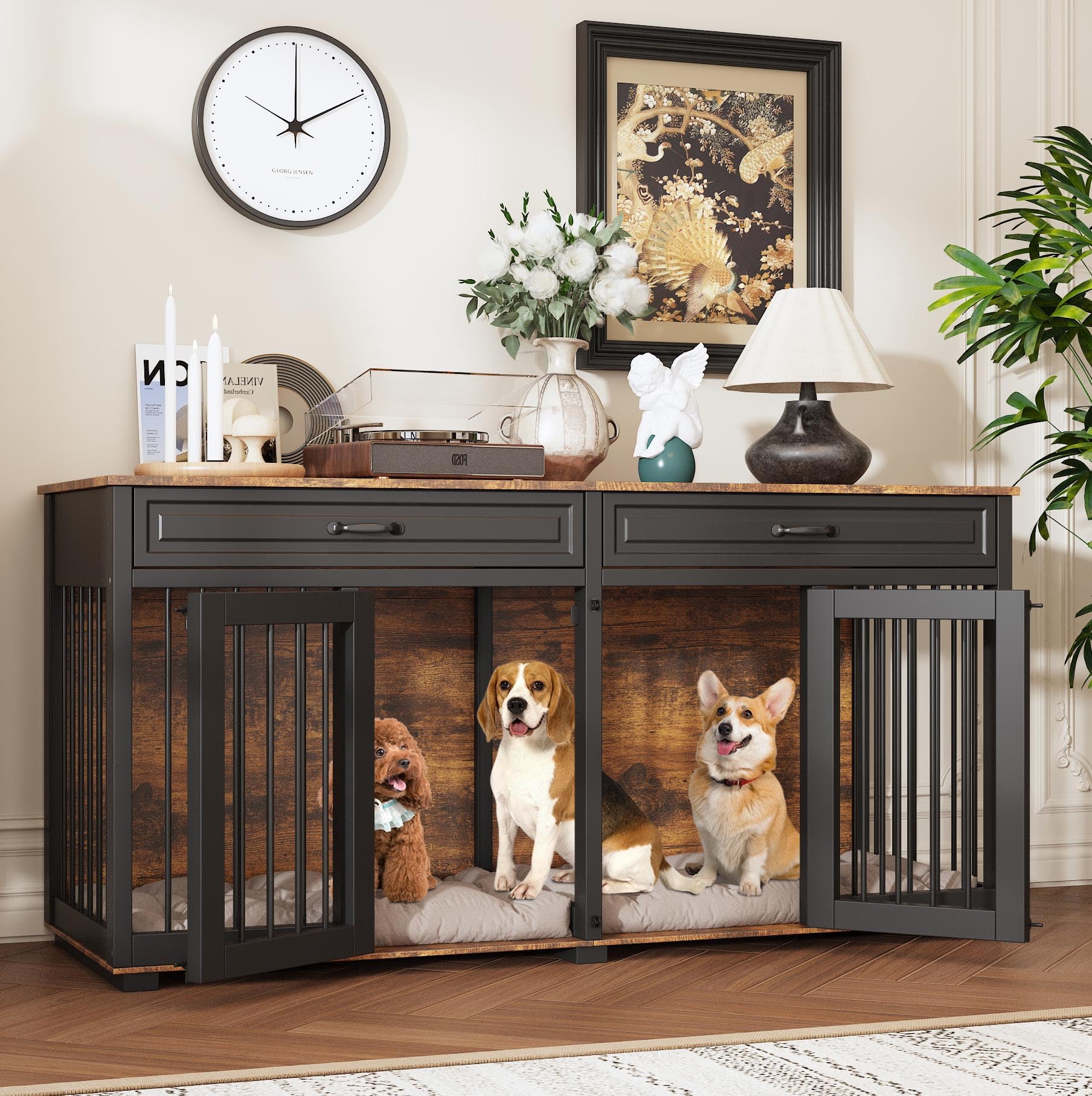 DAWNSPACES Dog Kennel Furniture, 64.6 Inch Heavy Duty Wooden Large Furniture Style Dog Crate with Drawers & Divider, Indoor Dog 
