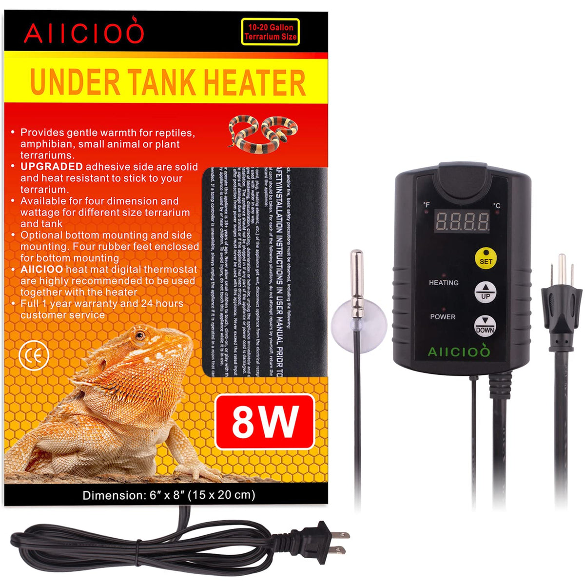Aiicioo Under Tank Heater Thermostat - Reptile Heating Pad With Temperature Control Reptile Heat Mat For Combo Set For Hermit Crab Lizard Terrarium 8W