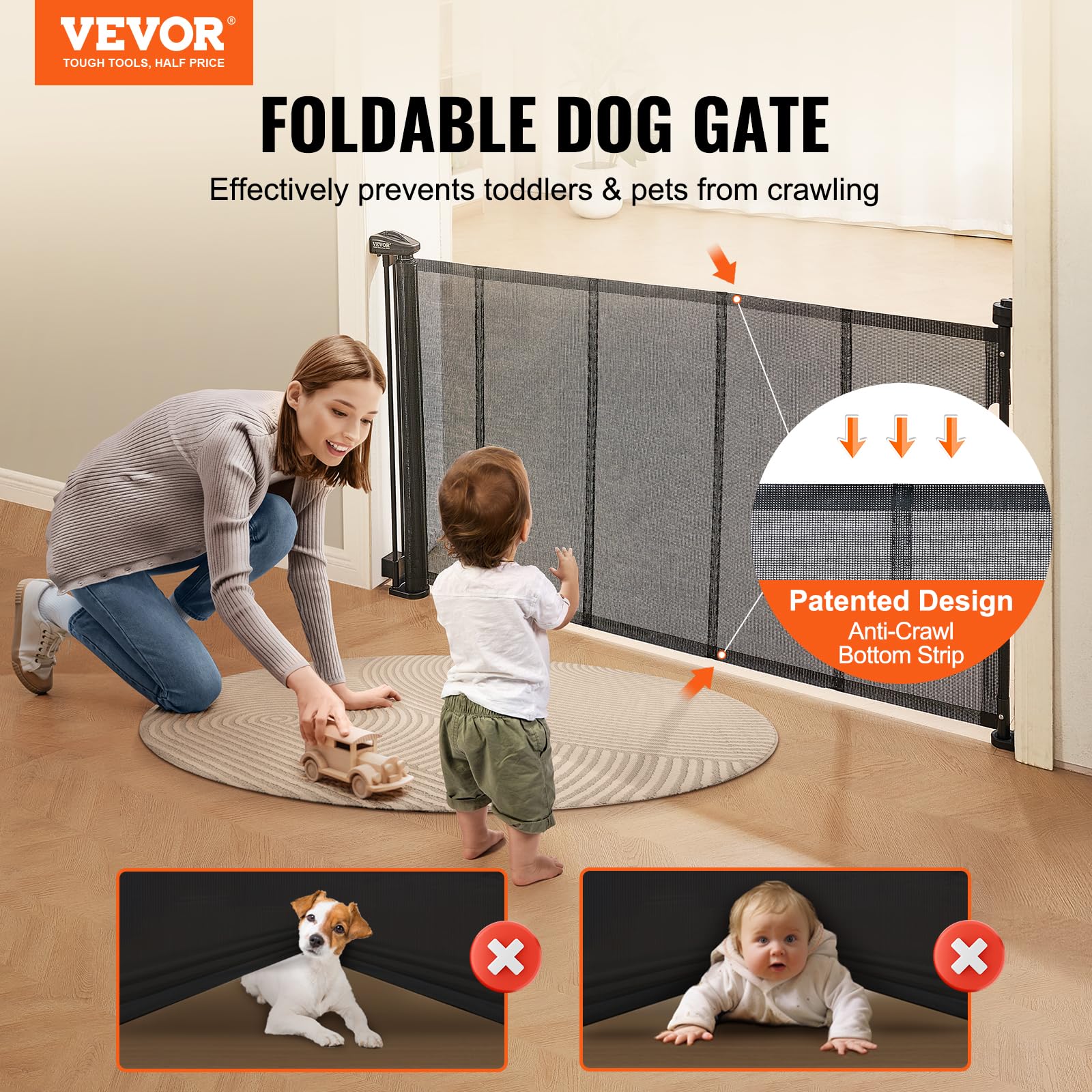 VEVOR Retractable Baby Gates for Stairs, Extends up to 60&quot; Wide, Mesh Dog Gate for The House, 34&quot; Tall Child Safety Gates for Doorways, Hallways, Wide Pet Gate, Cat Gate Indoor & Outdoor, Black