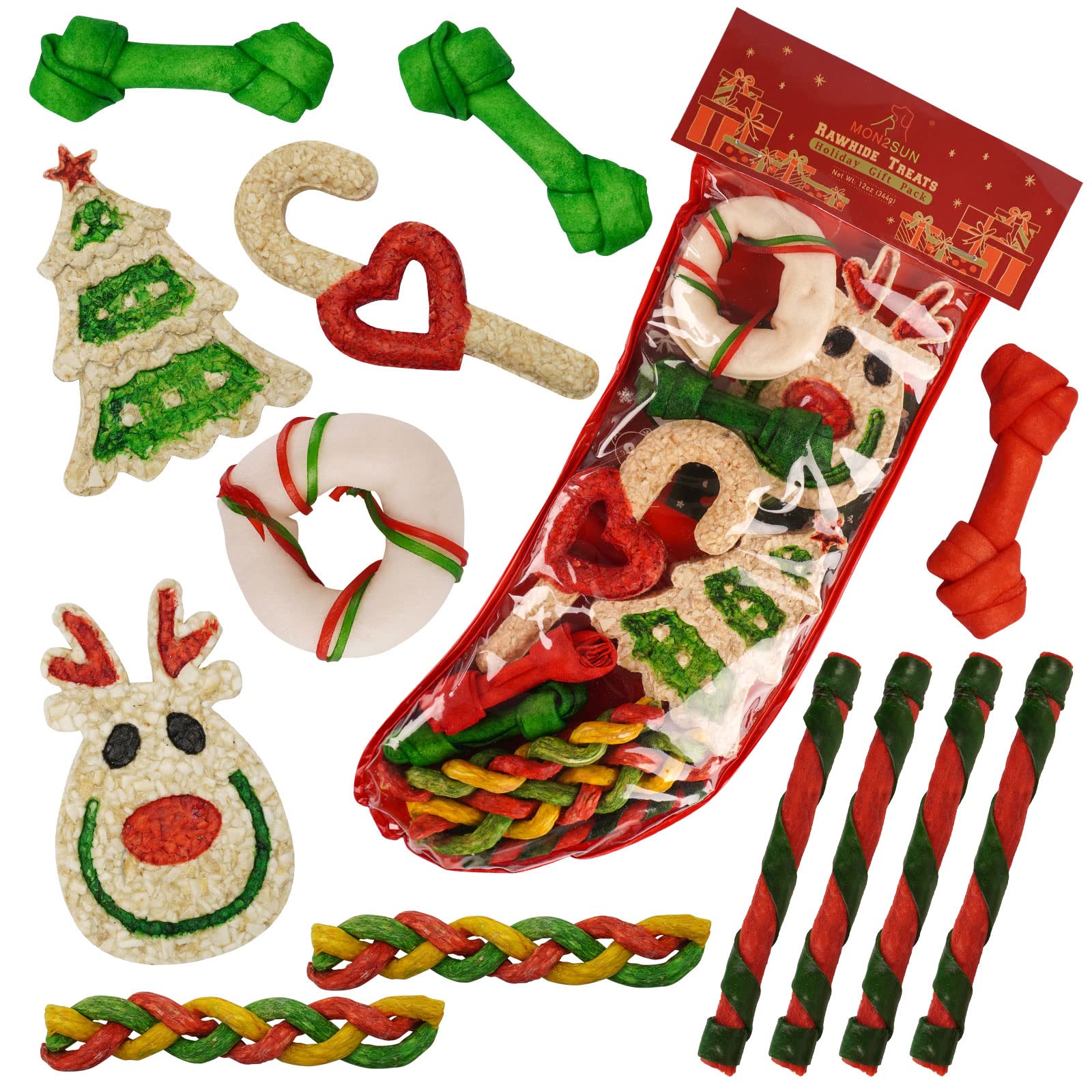 MON2SUN Holiday Christmas Dog Rawhide Treats Stocking for Small to Medium Dogs (13Count)