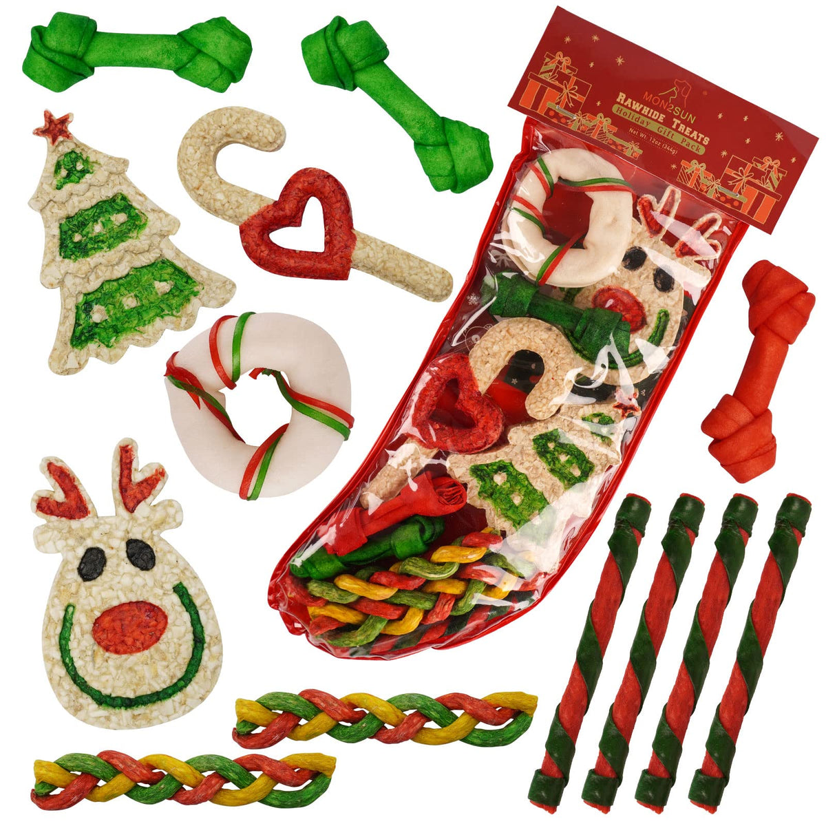 Mon2Sun Holiday Christmas Dog Rawhide Treats Stocking For Small To Medium Dogs (13Count)
