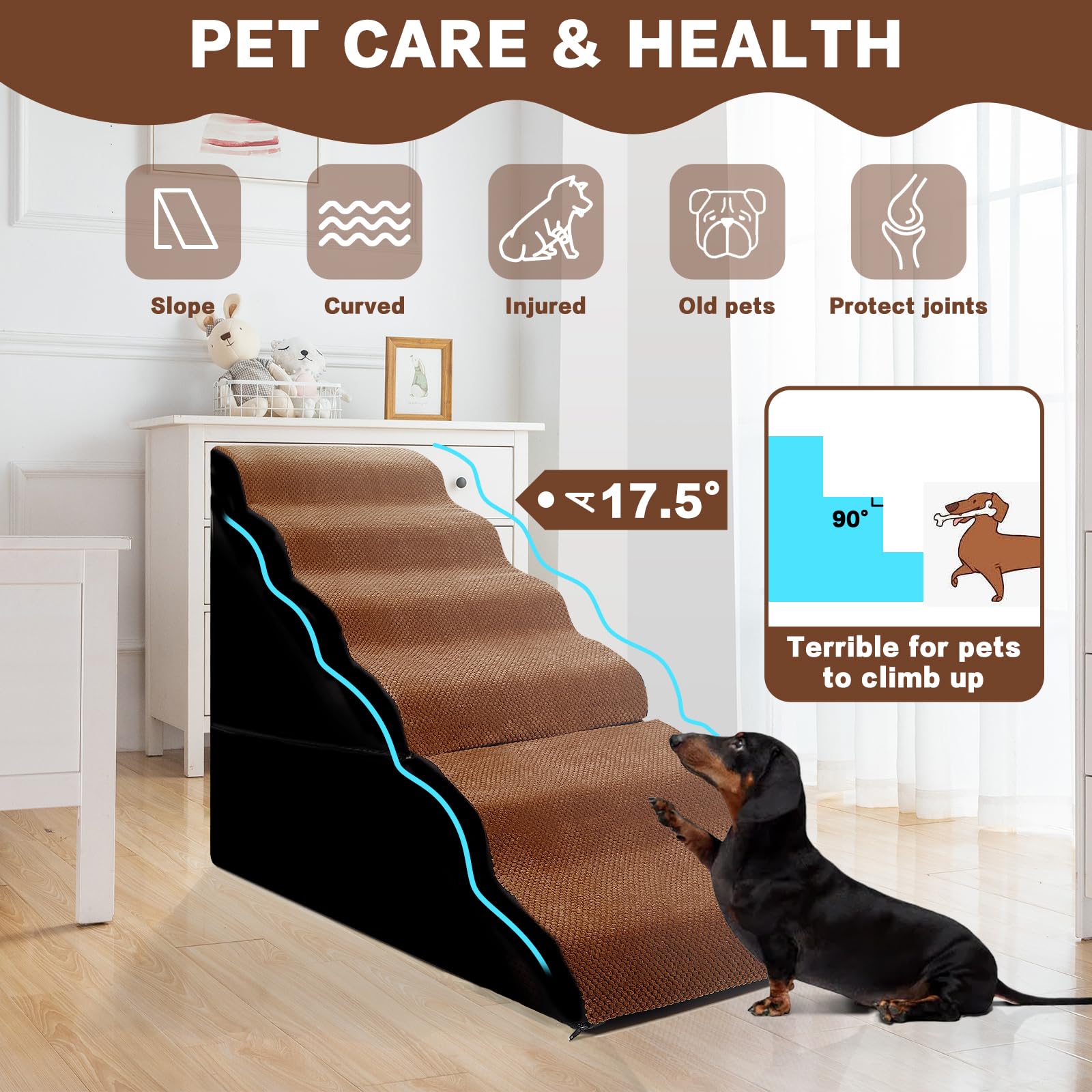 MALOROY Dog Stair Steps for High Beds 30-36 inches Tall, 6-Step Dog Step Ramps for High Bedsides Climbing for Doggy/Kitty, Curve